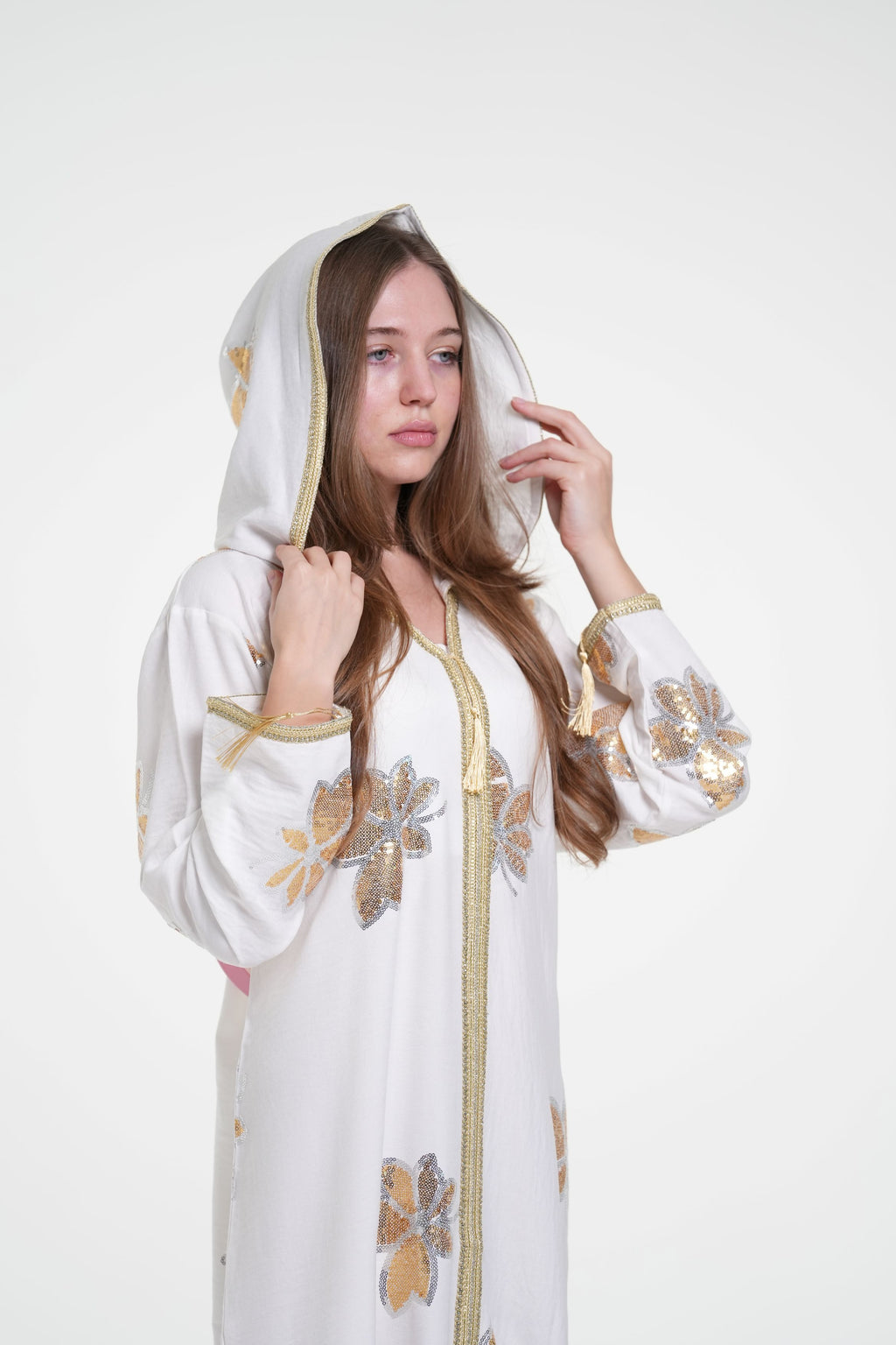 Embroidered Hooded Jalabiya with Gold Accents