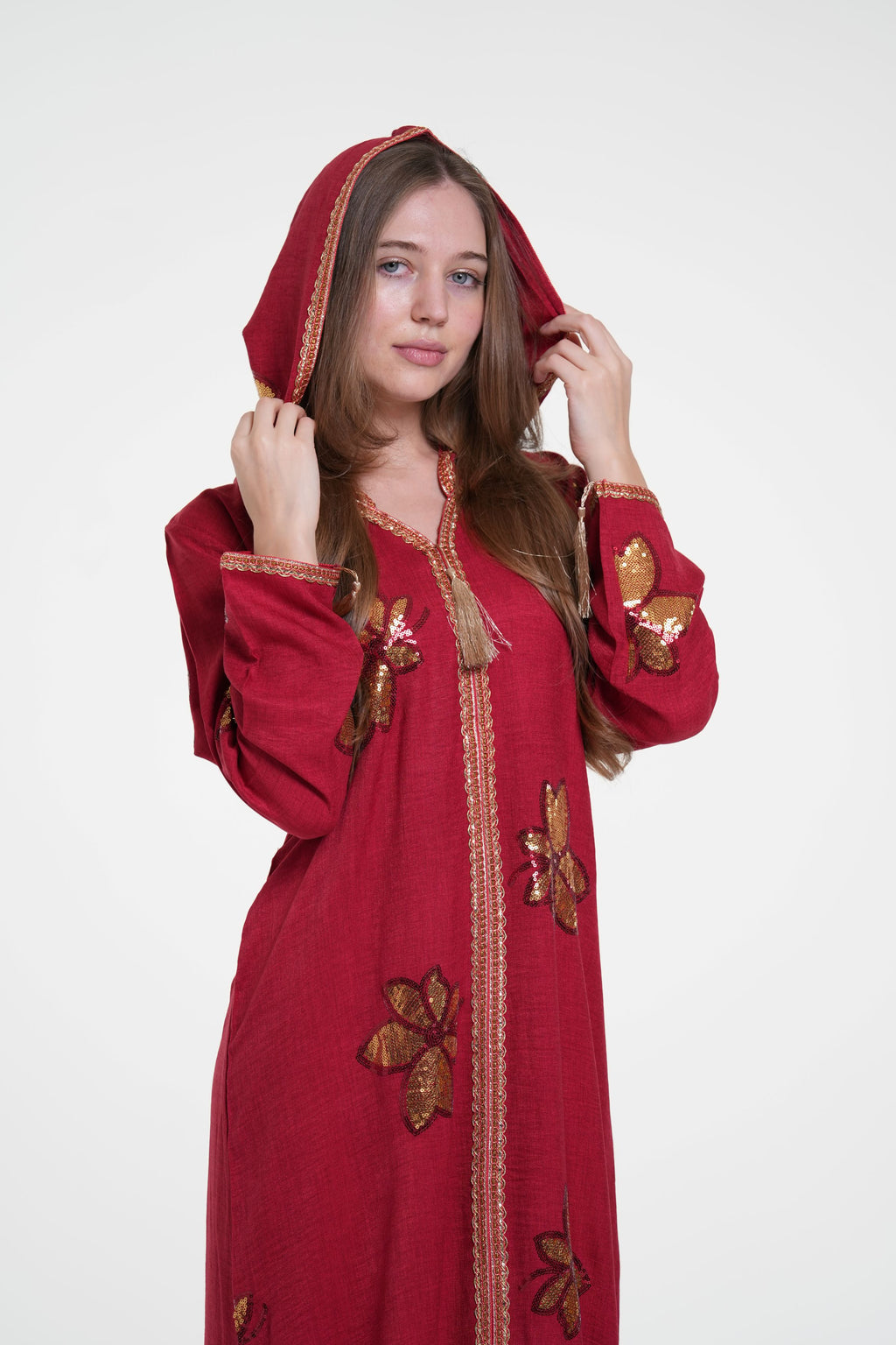 Embroidered Hooded Jalabiya with Gold Accents