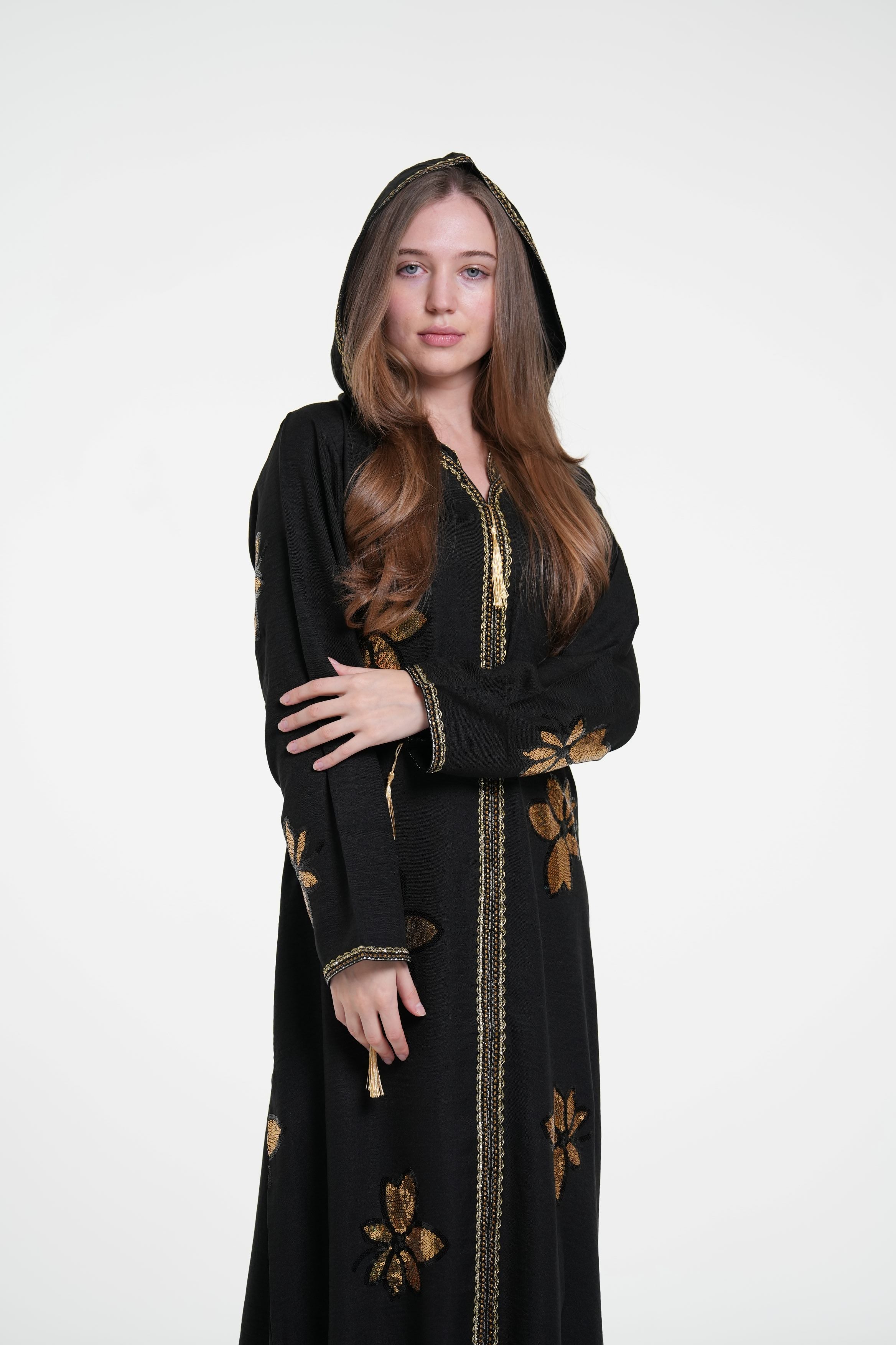 Embroidered Hooded Jalabiya with Gold Accents