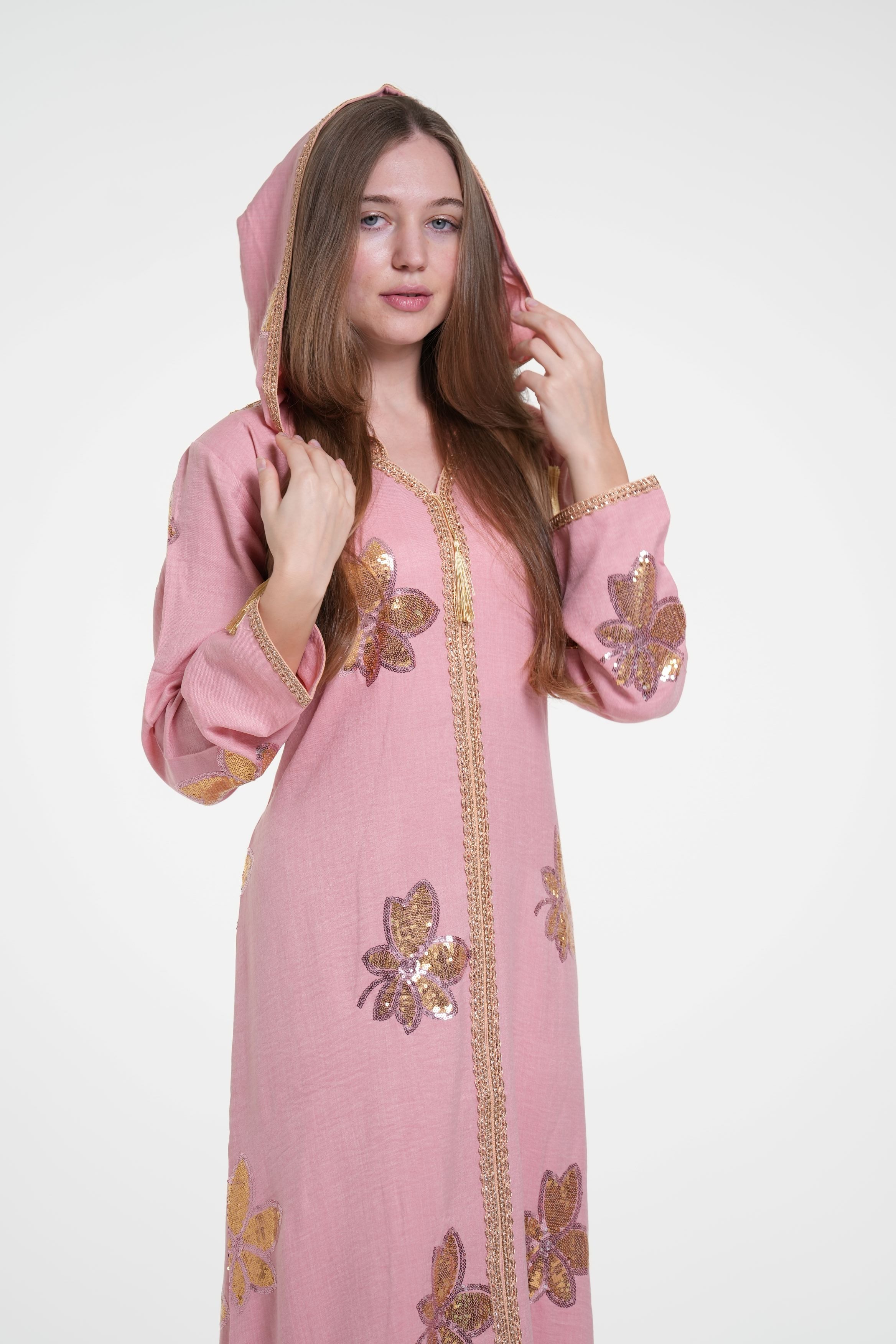 Embroidered Hooded Jalabiya with Gold Accents