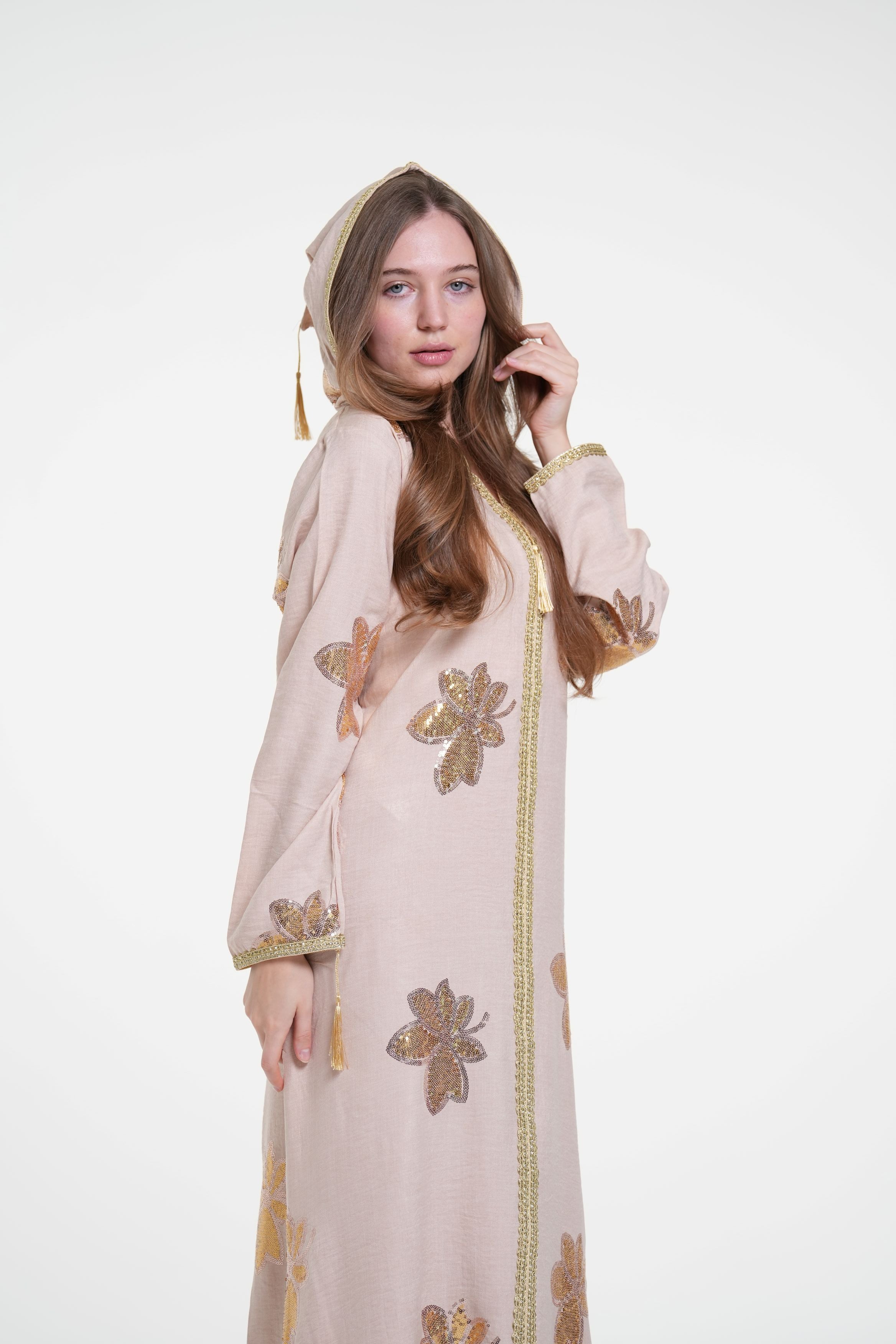 Embroidered Hooded Jalabiya with Gold Accents