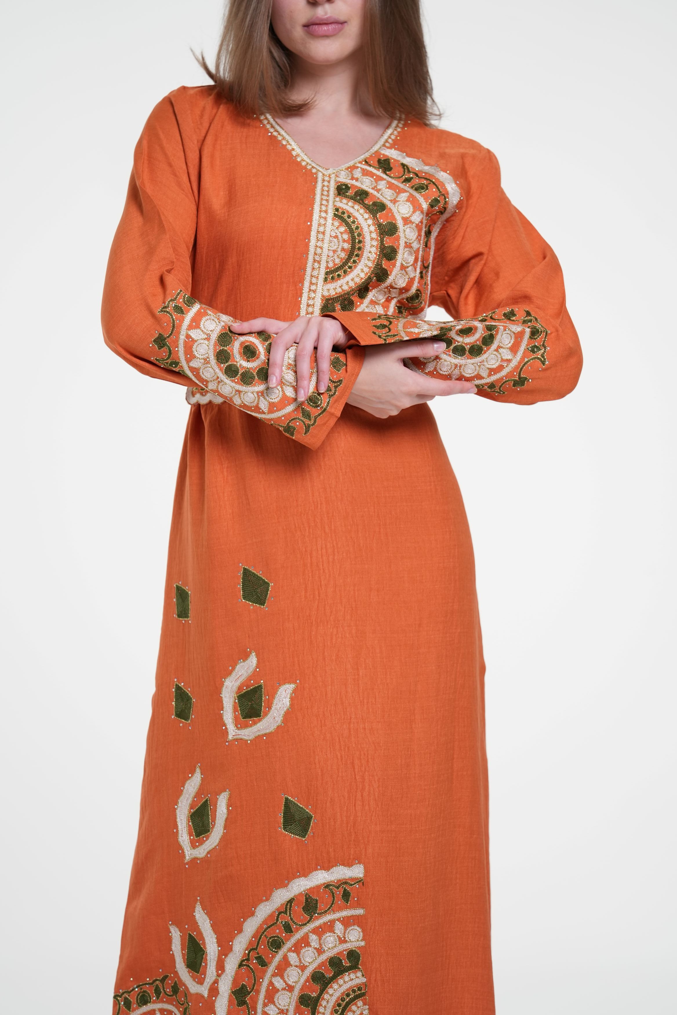 Embroidered Cotton Linen Jalabiya with Belt and Strass