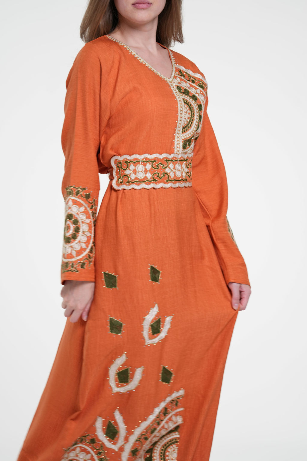 Embroidered Cotton Linen Jalabiya with Belt and Strass