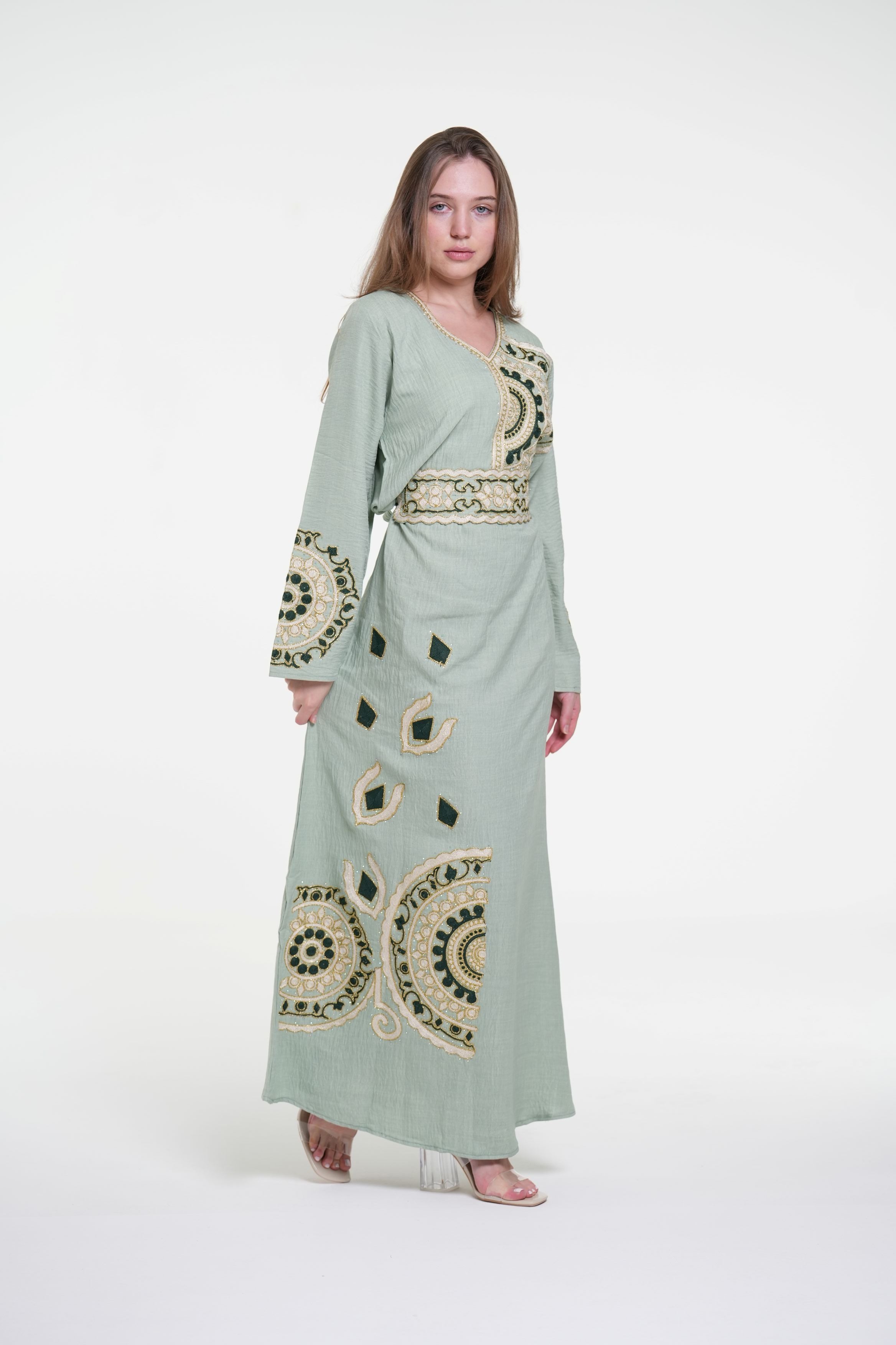 Embroidered Cotton Linen Jalabiya with Belt and Strass