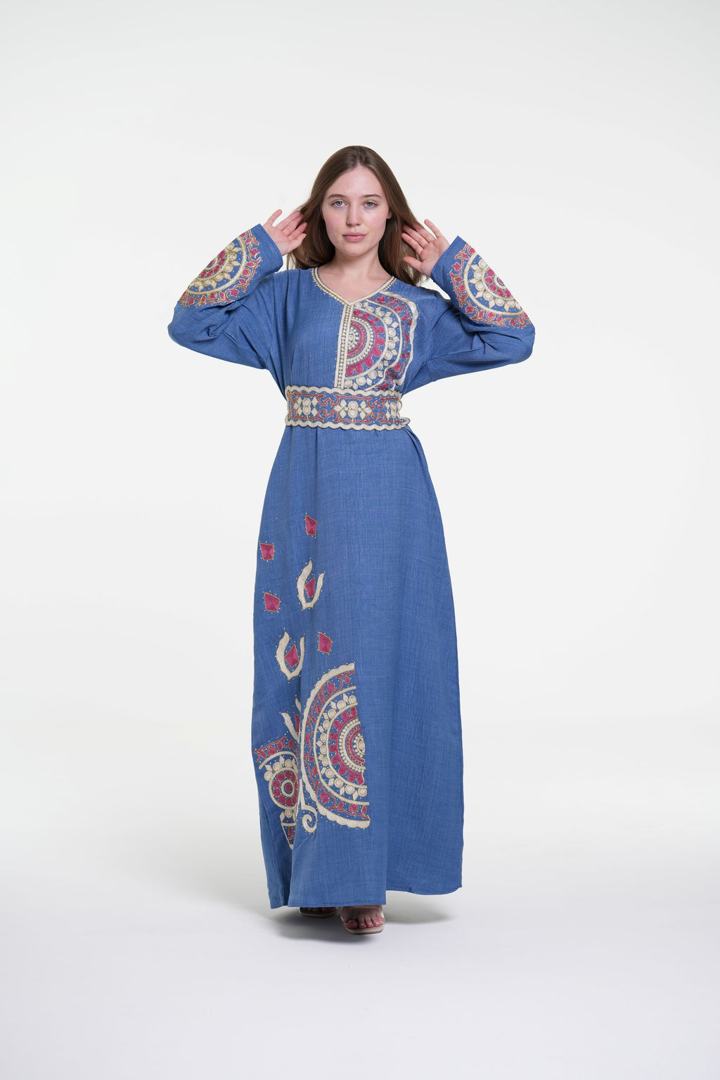 Embroidered Cotton Linen Jalabiya with Belt and Strass