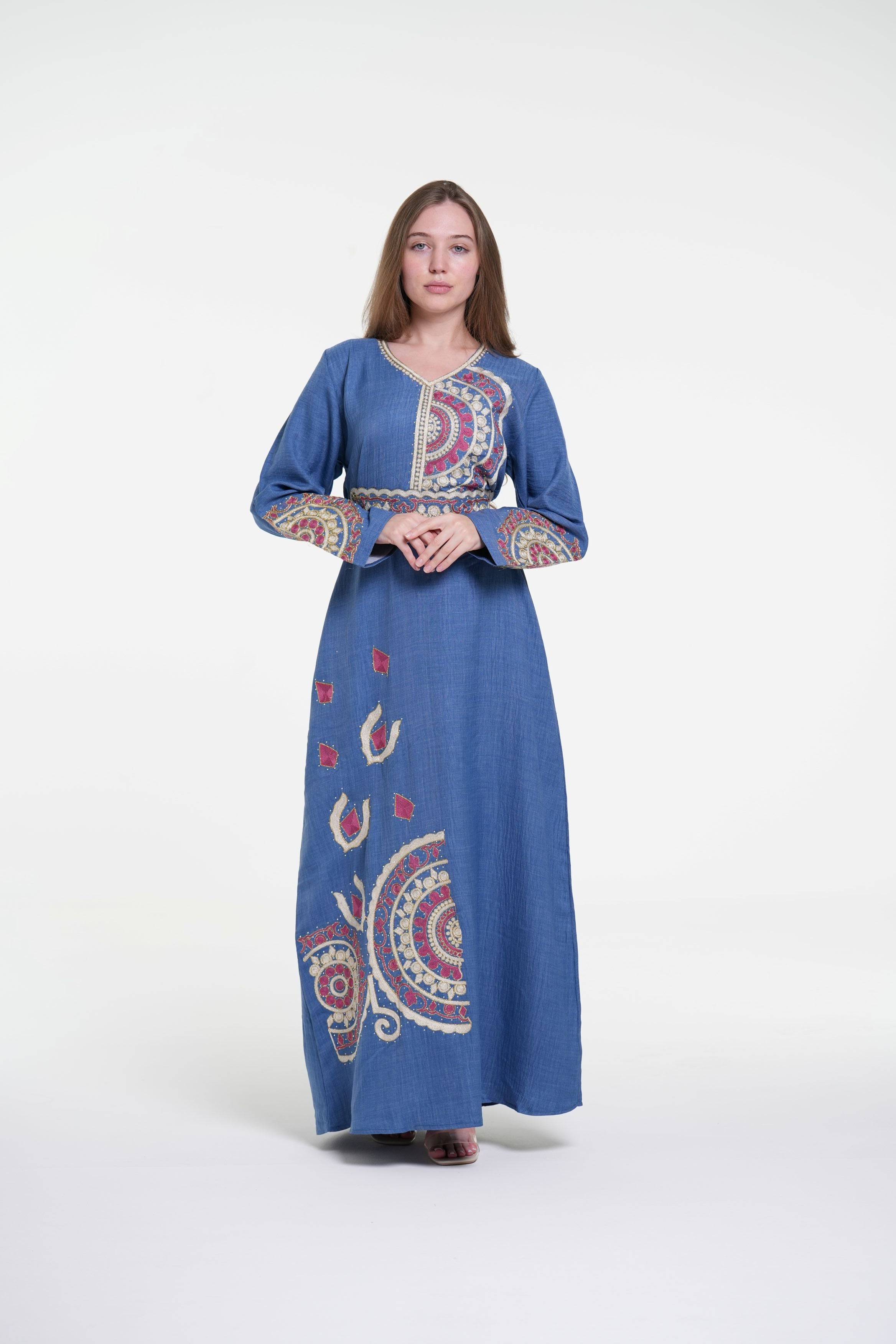 Embroidered Cotton Linen Jalabiya with Belt and Strass