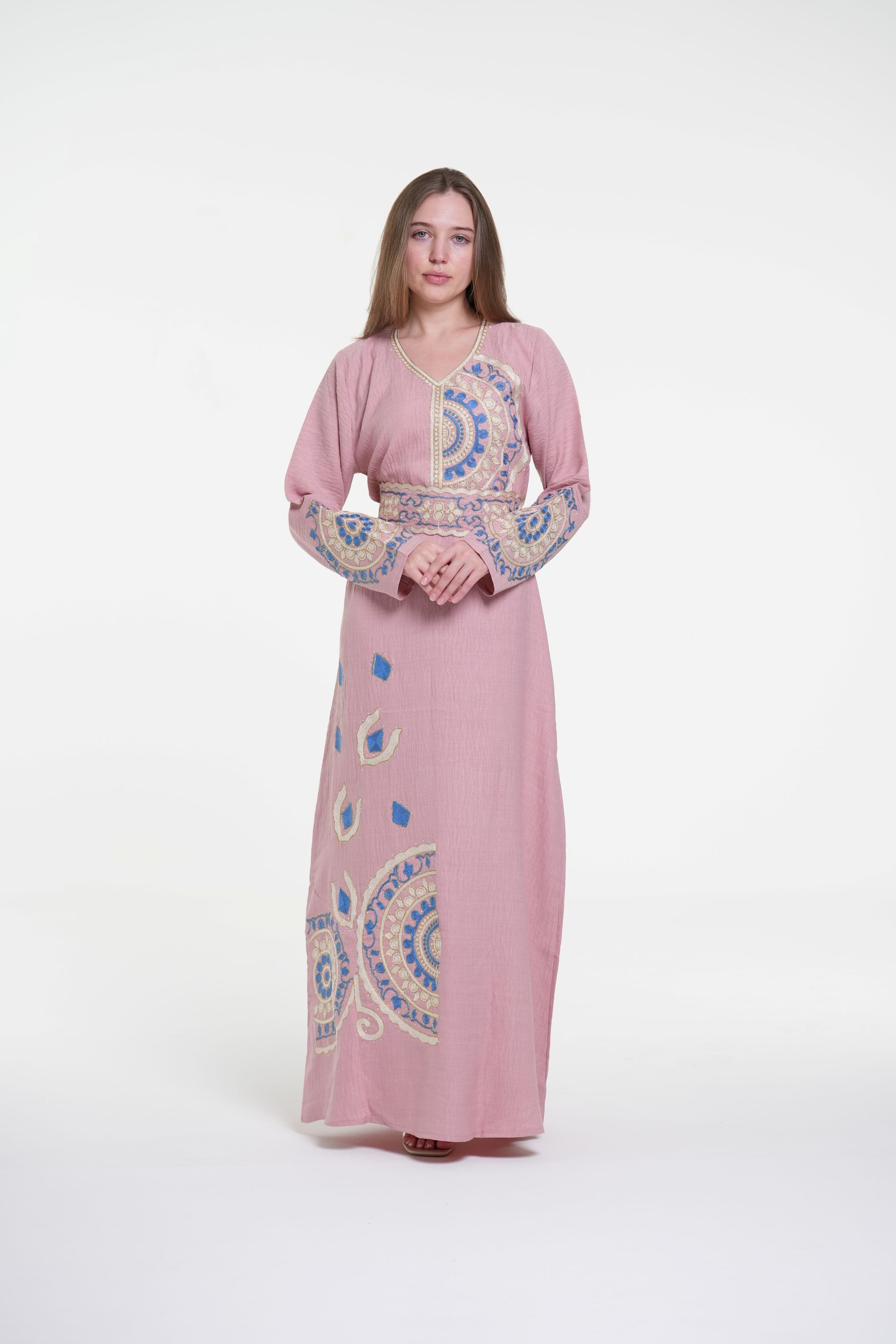 Embroidered Cotton Linen Jalabiya with Belt and Strass