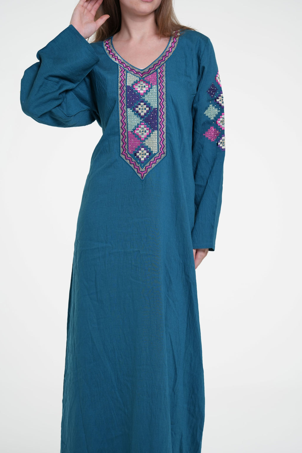 جلابية قطن كتان مطرزة