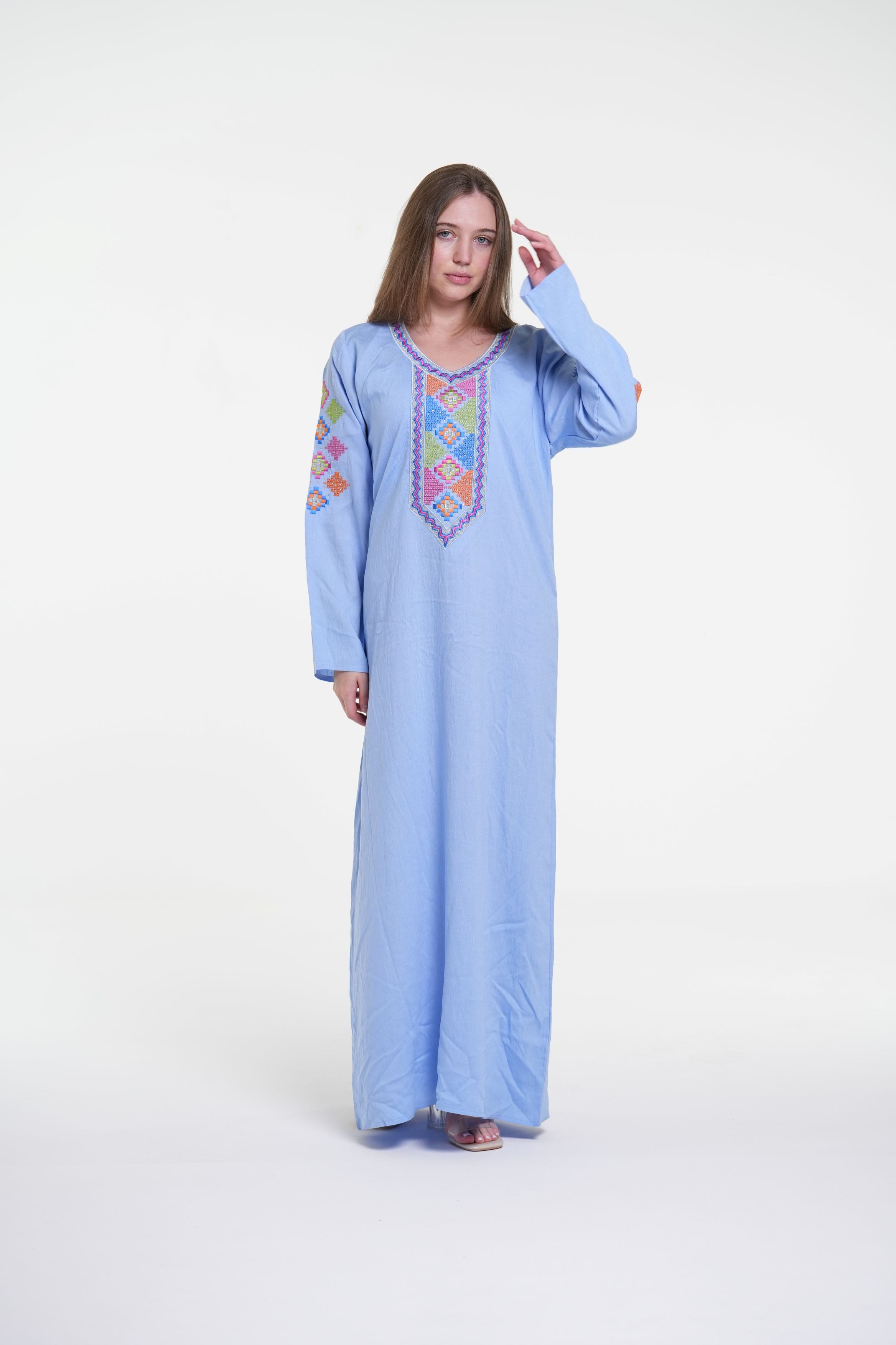 جلابية قطن كتان مطرزة