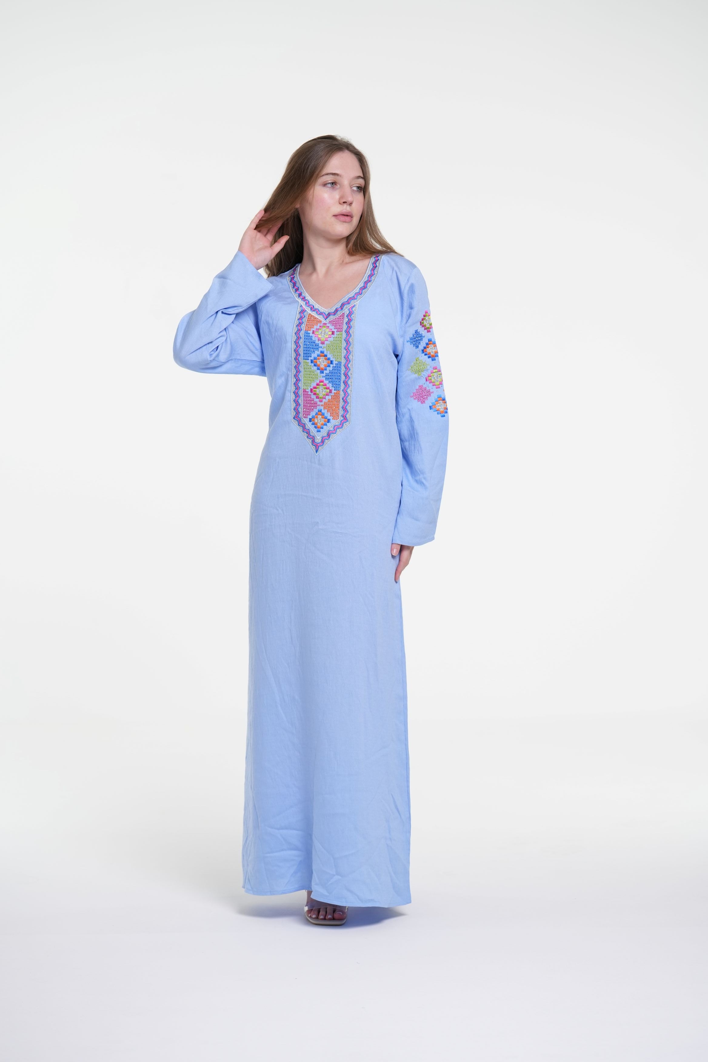 جلابية قطن كتان مطرزة