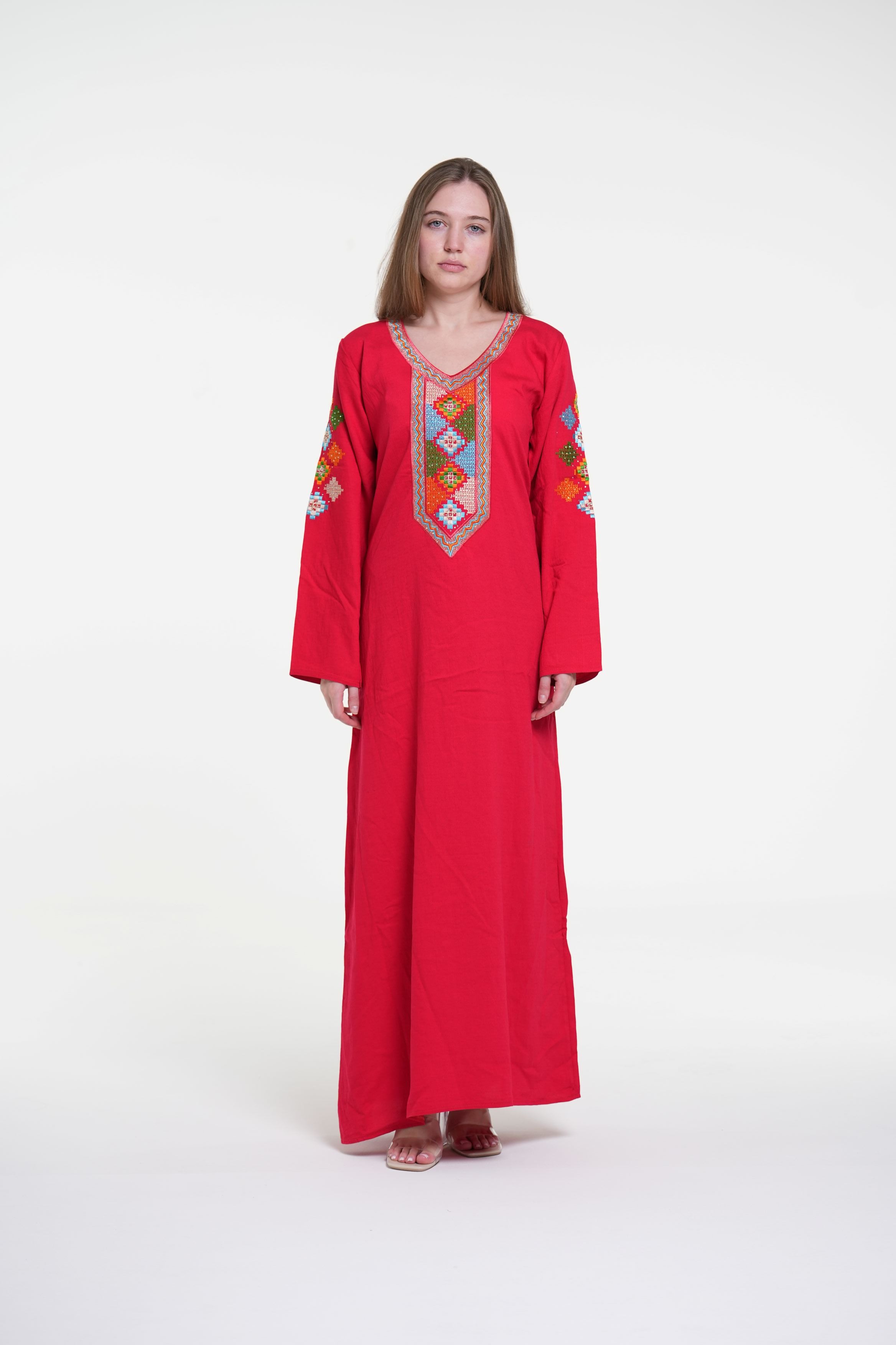 جلابية قطن كتان مطرزة