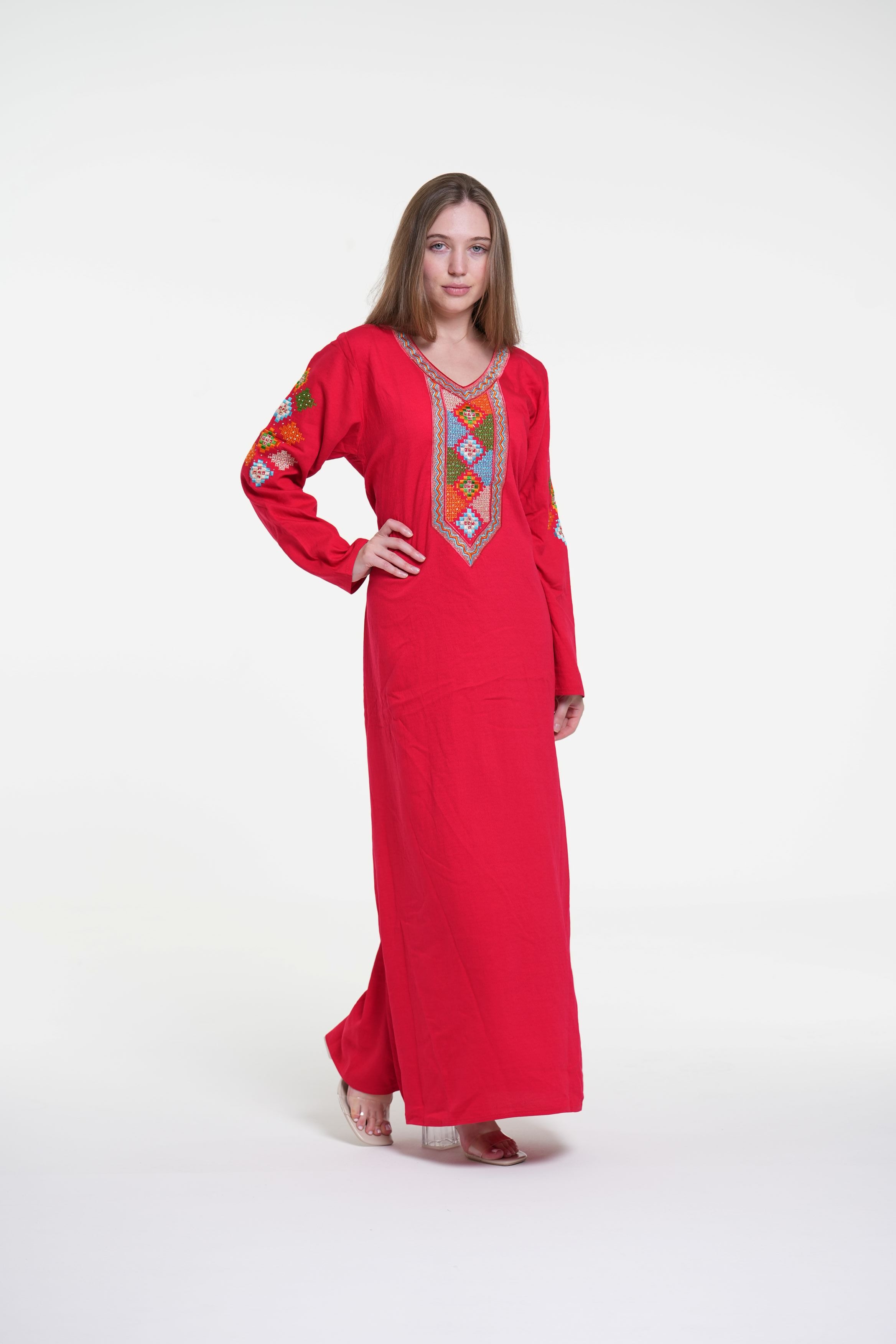 جلابية قطن كتان مطرزة