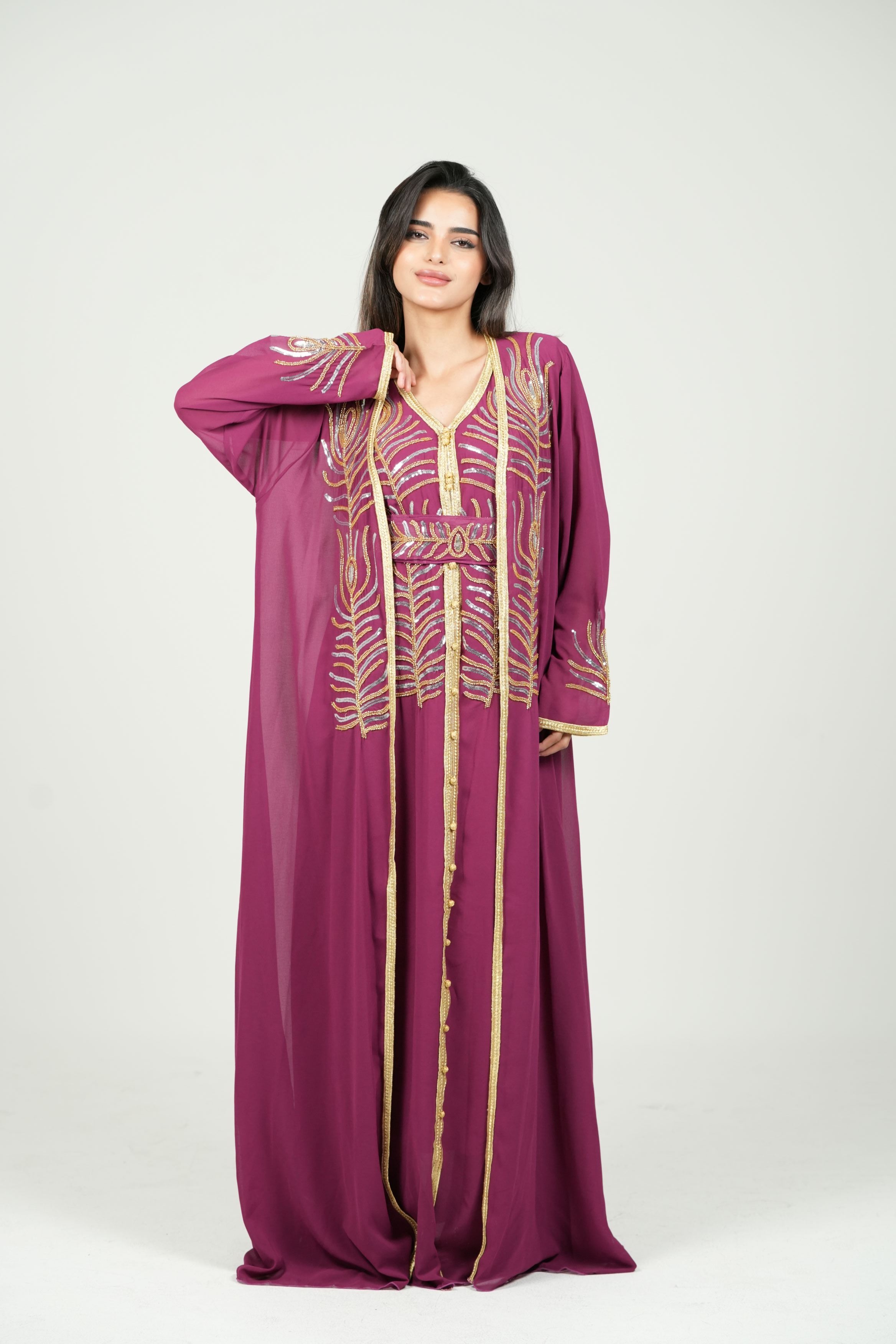 Elegant Kaftan with Golden Embroidery with Belt