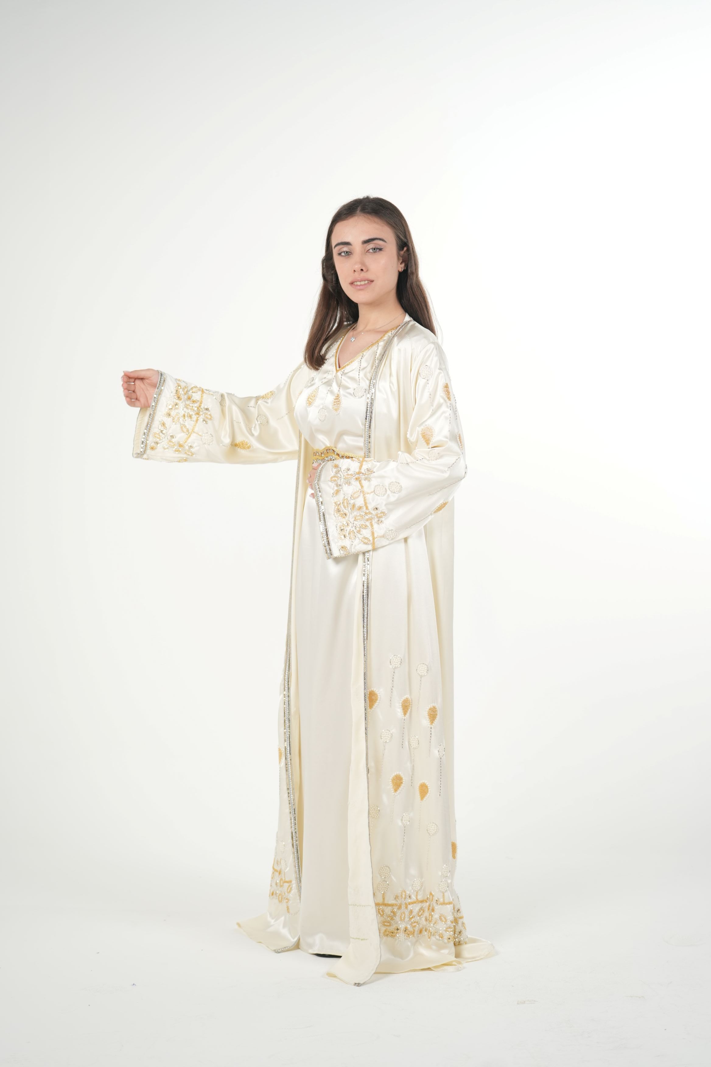 Luxury Satin Kaftan with Handwork Details and Belt