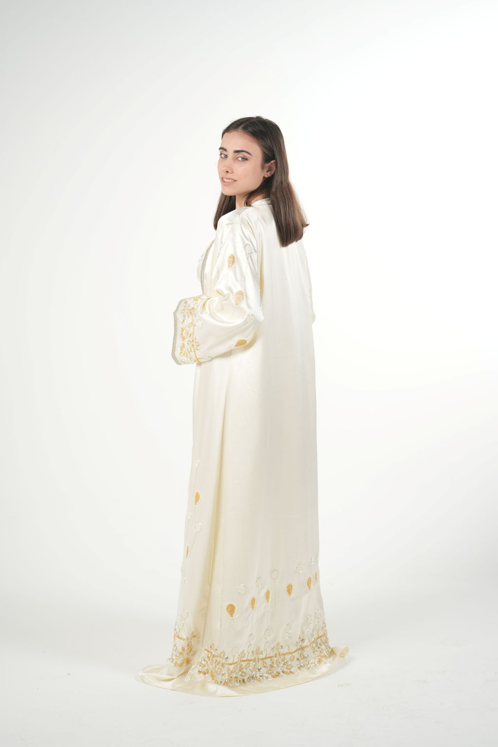 Luxury Satin Kaftan with Handwork Details and Belt