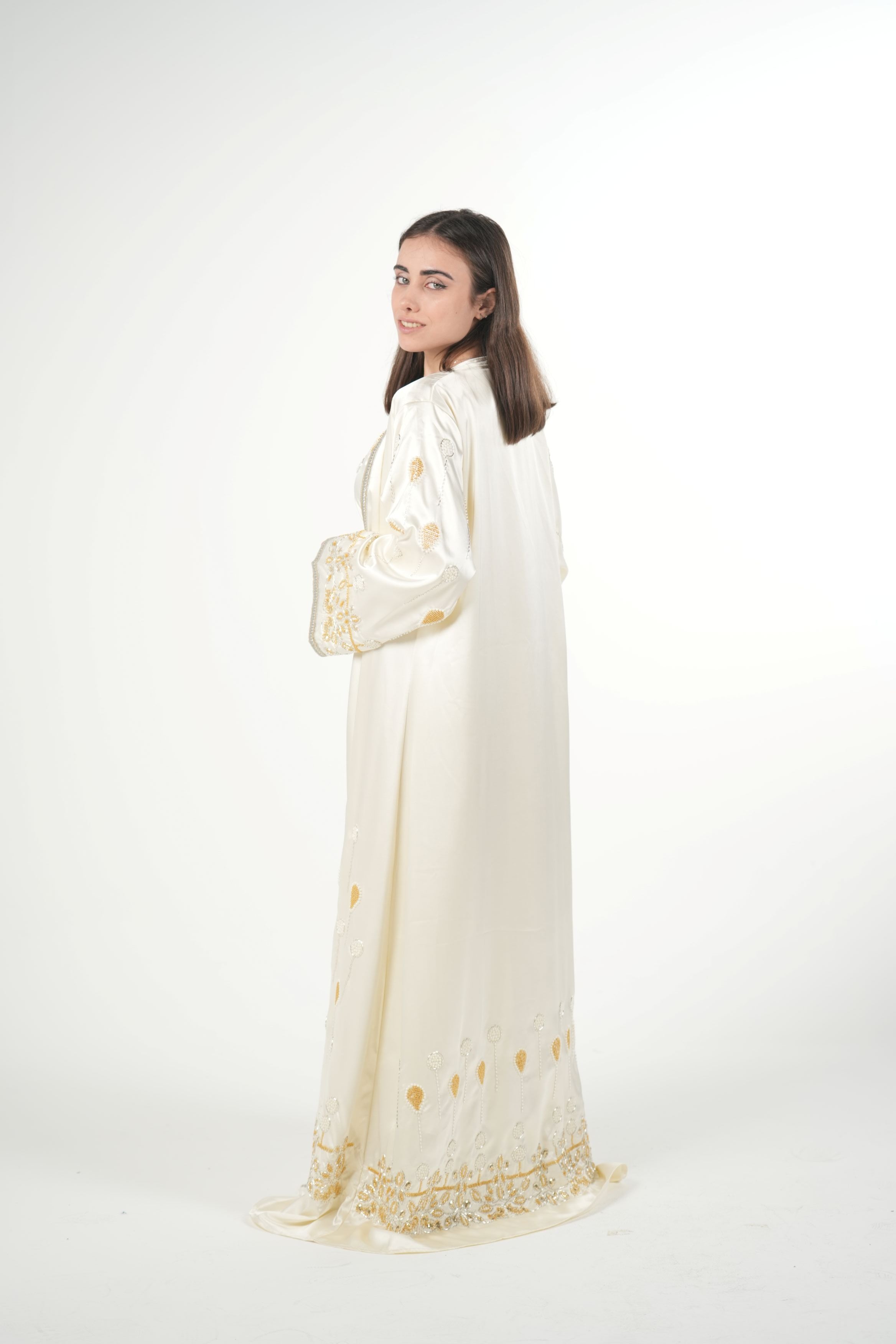 Luxury Satin Kaftan with Handwork Details and Belt