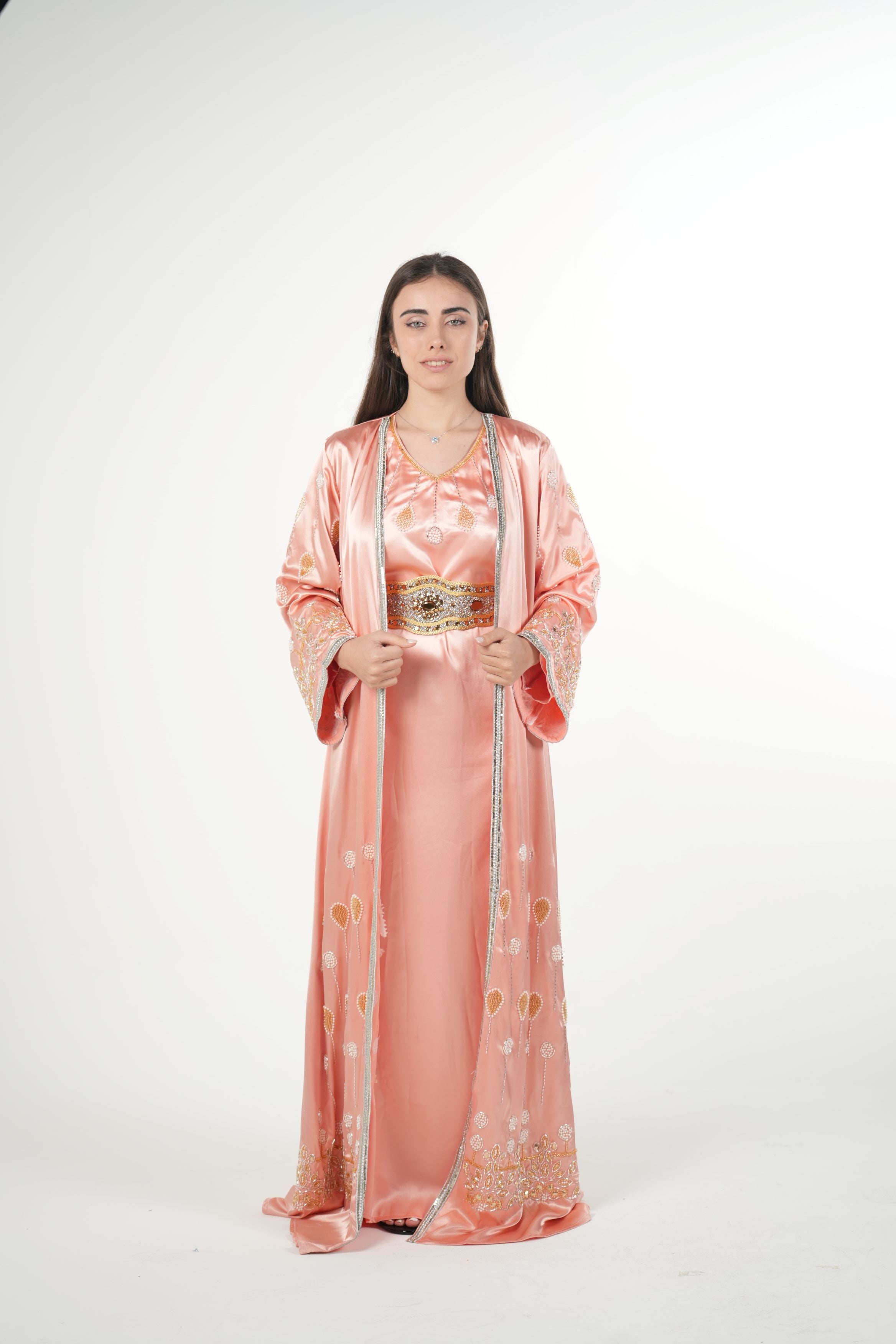Luxury Satin Kaftan with Handwork Details and Belt