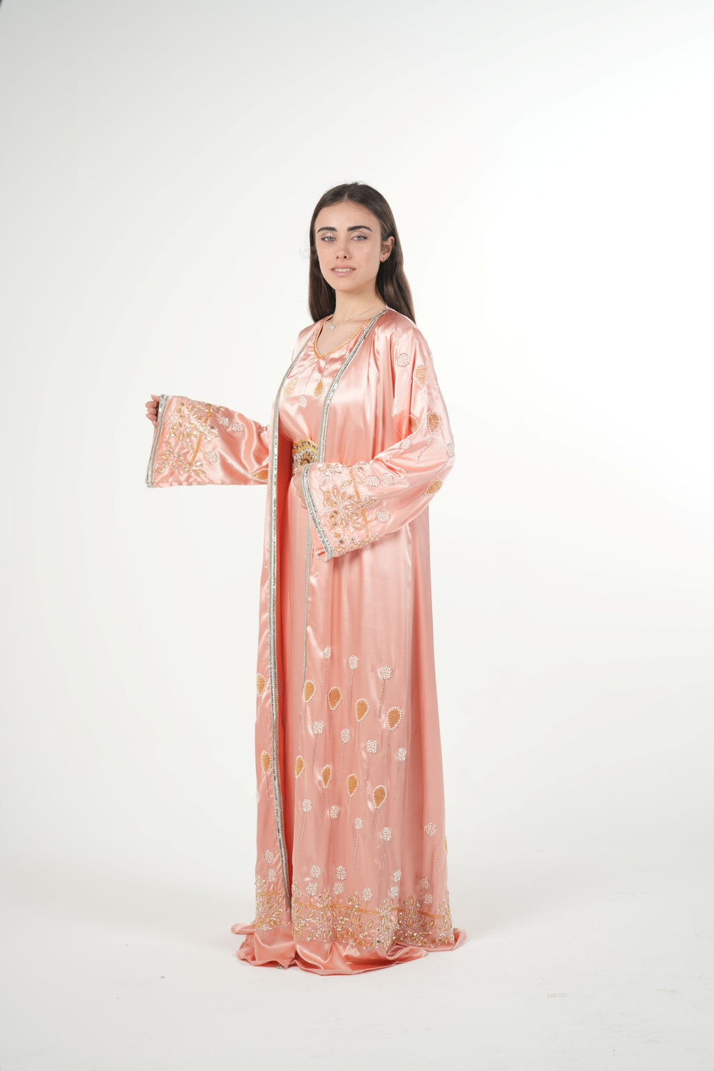 Luxury Satin Kaftan with Handwork Details and Belt