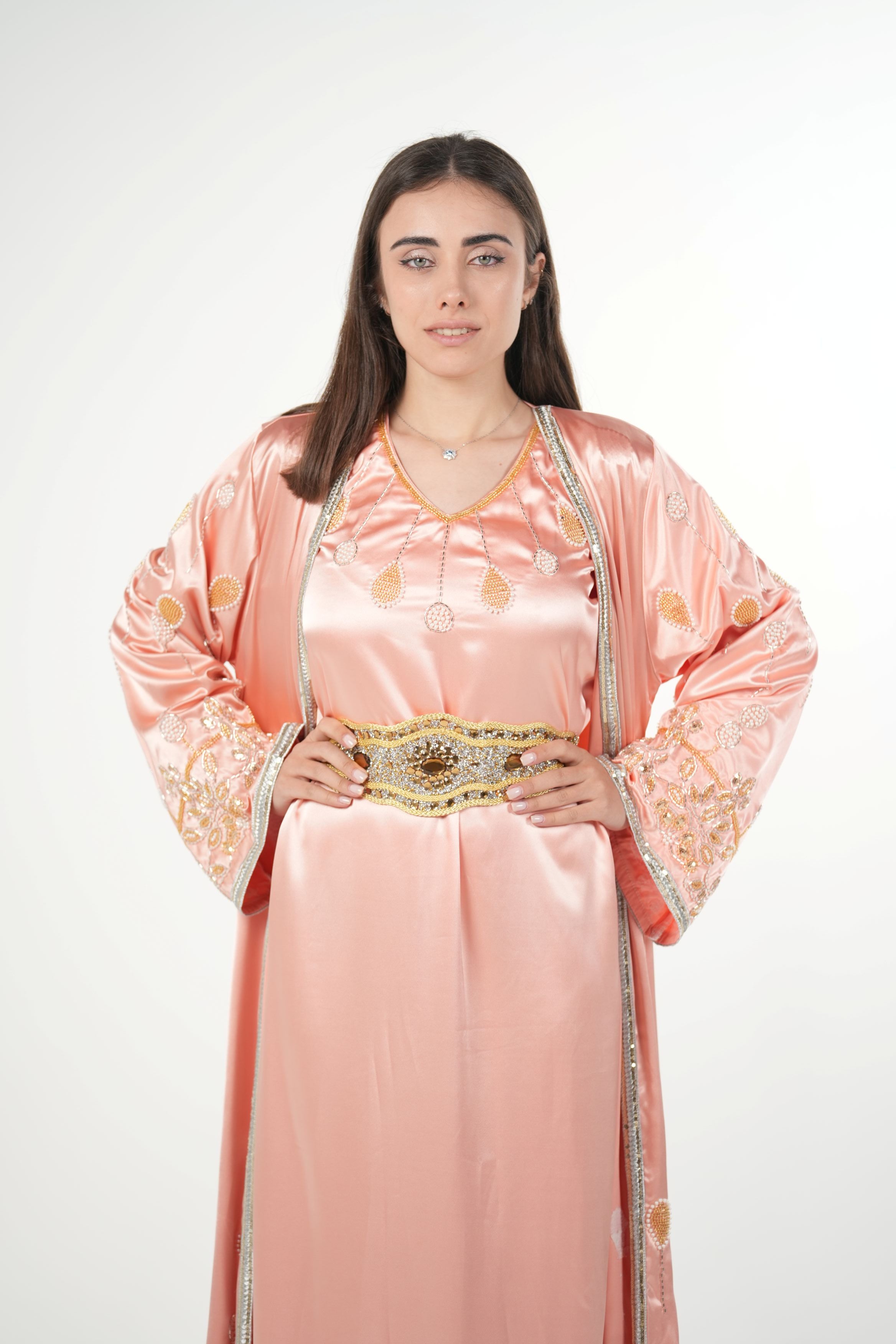 Luxury Satin Kaftan with Handwork Details and Belt