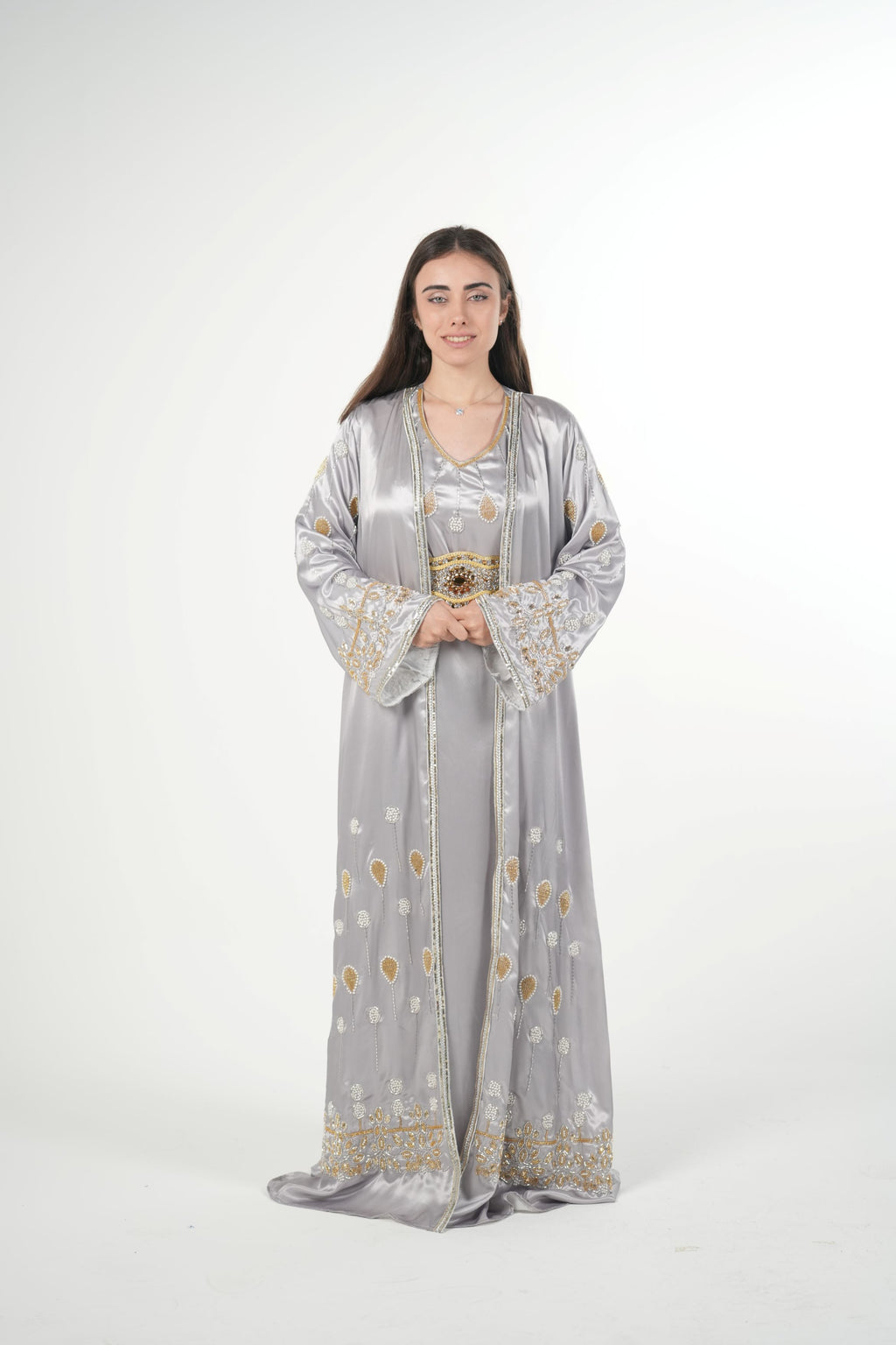 Luxury Satin Kaftan with Handwork Details and Belt
