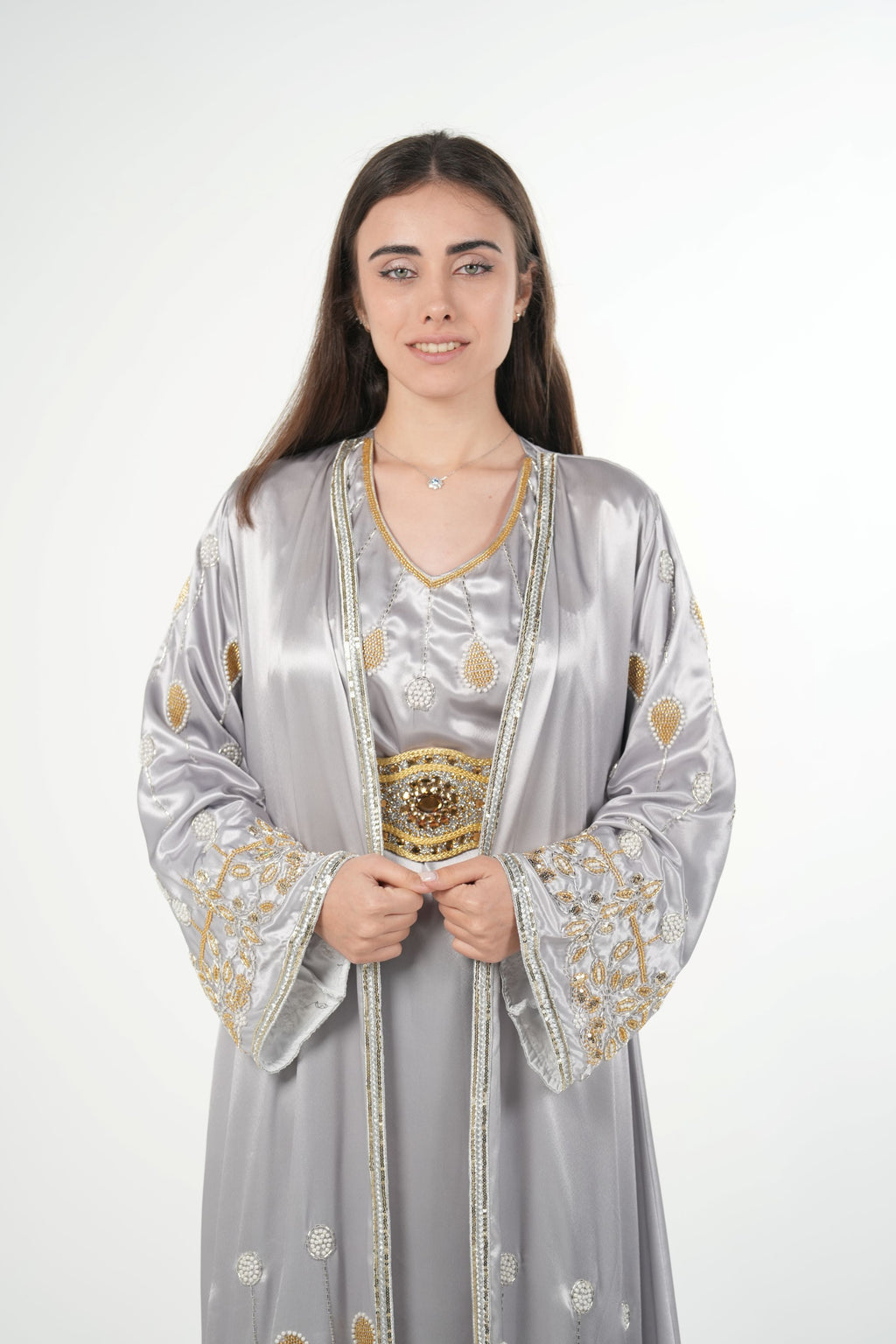Luxury Satin Kaftan with Handwork Details and Belt