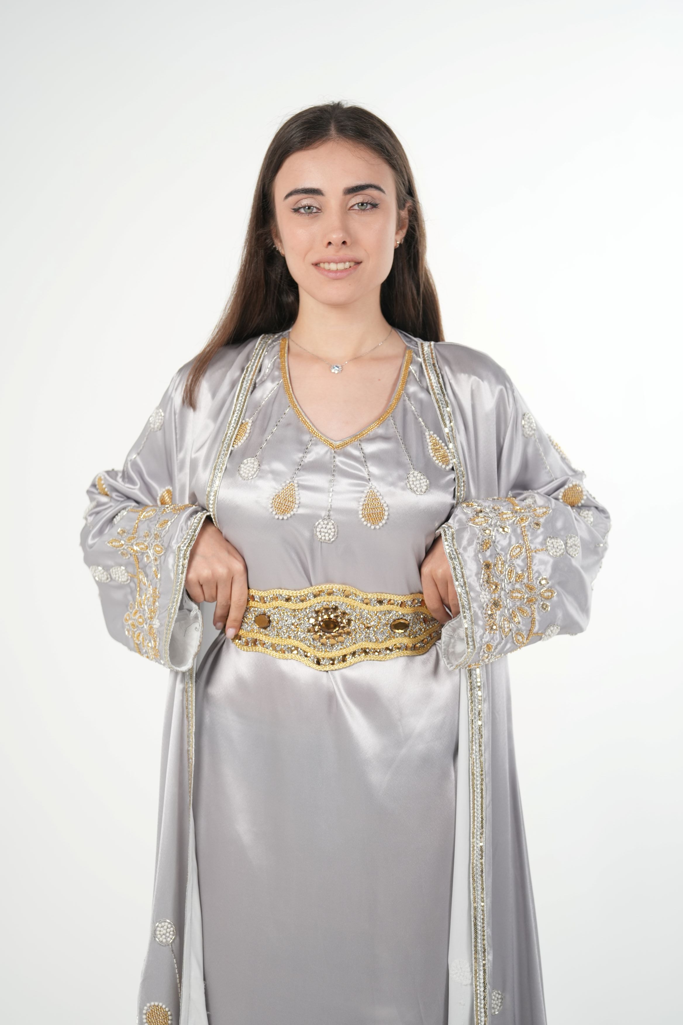 Luxury Satin Kaftan with Handwork Details and Belt
