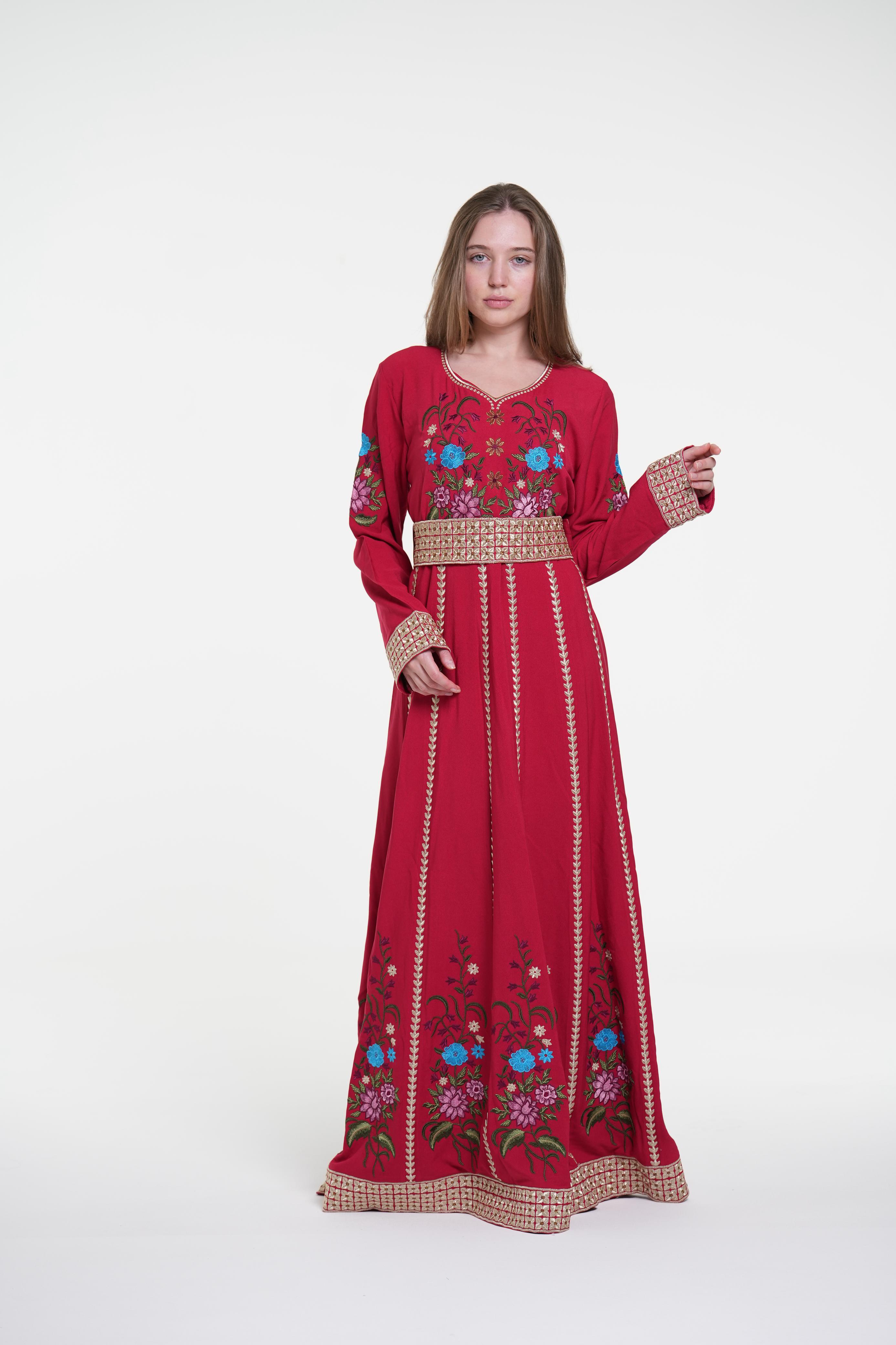Embroidered Cotton Crepe Jalabiya with Belt