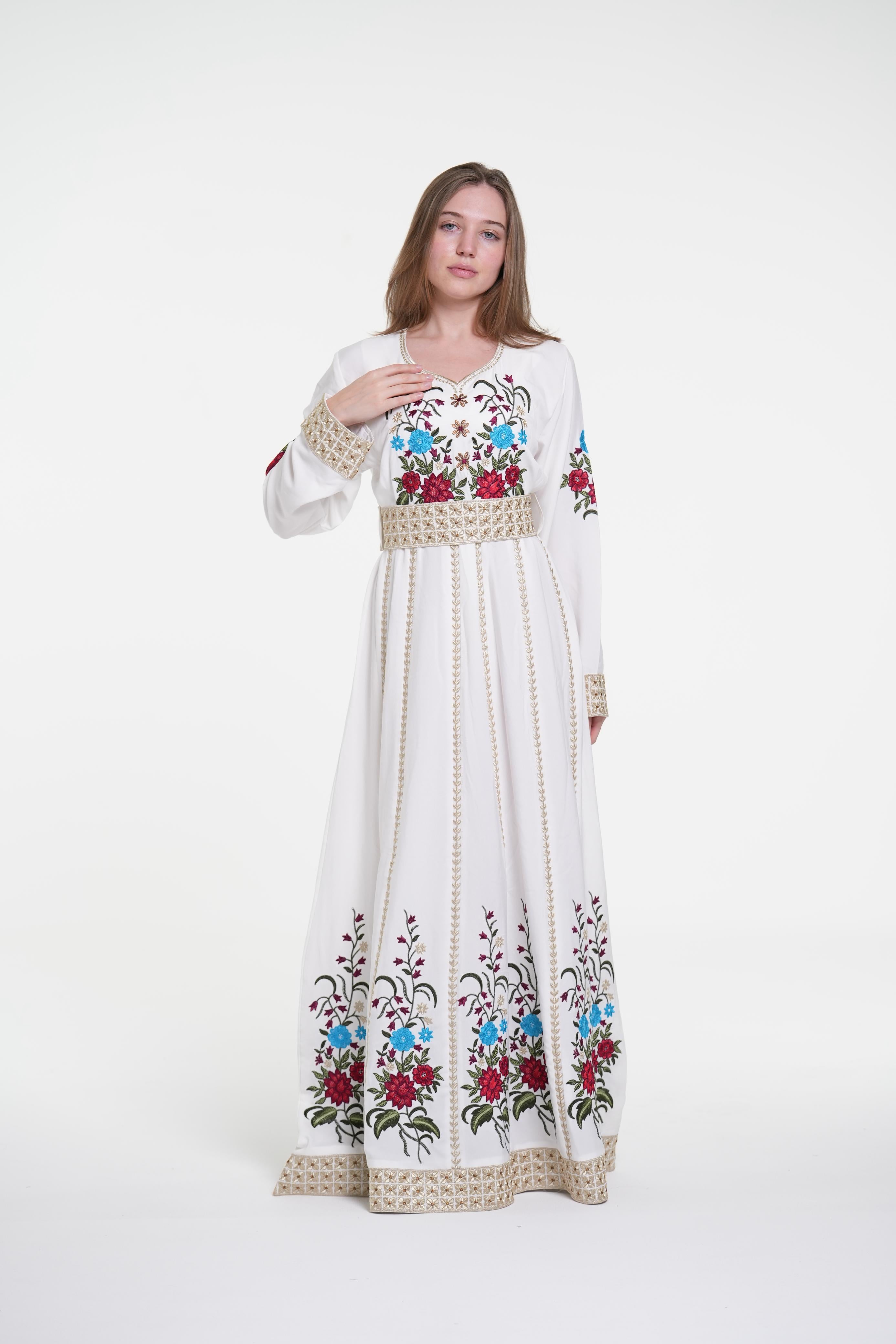 Embroidered Cotton Crepe Jalabiya with Belt