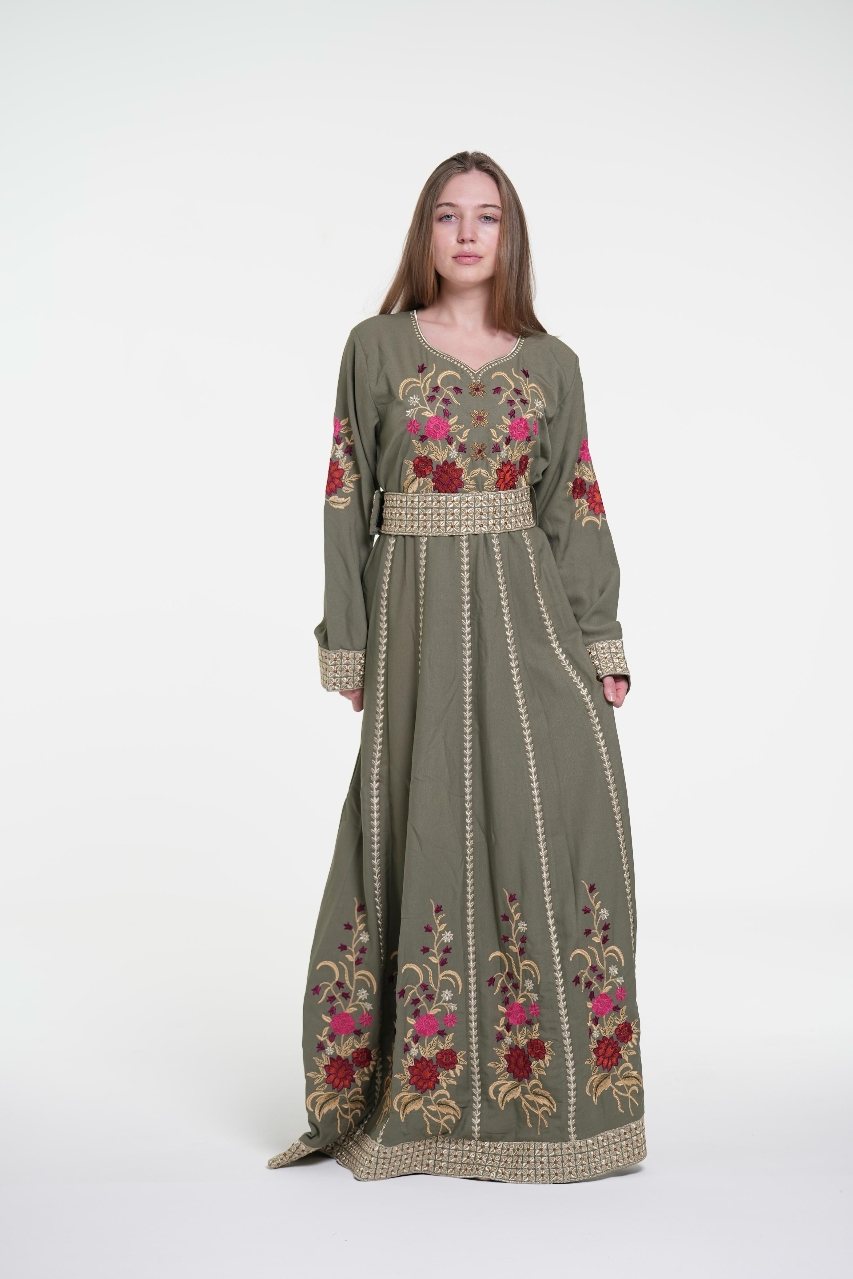 Embroidered Cotton Crepe Jalabiya with Belt
