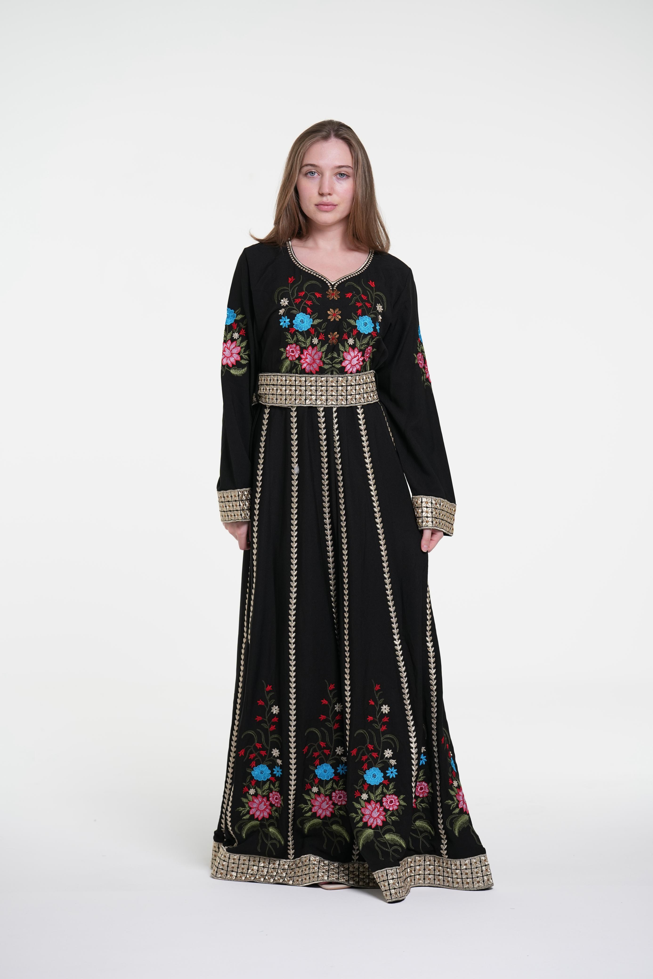Embroidered Cotton Crepe Jalabiya with Belt