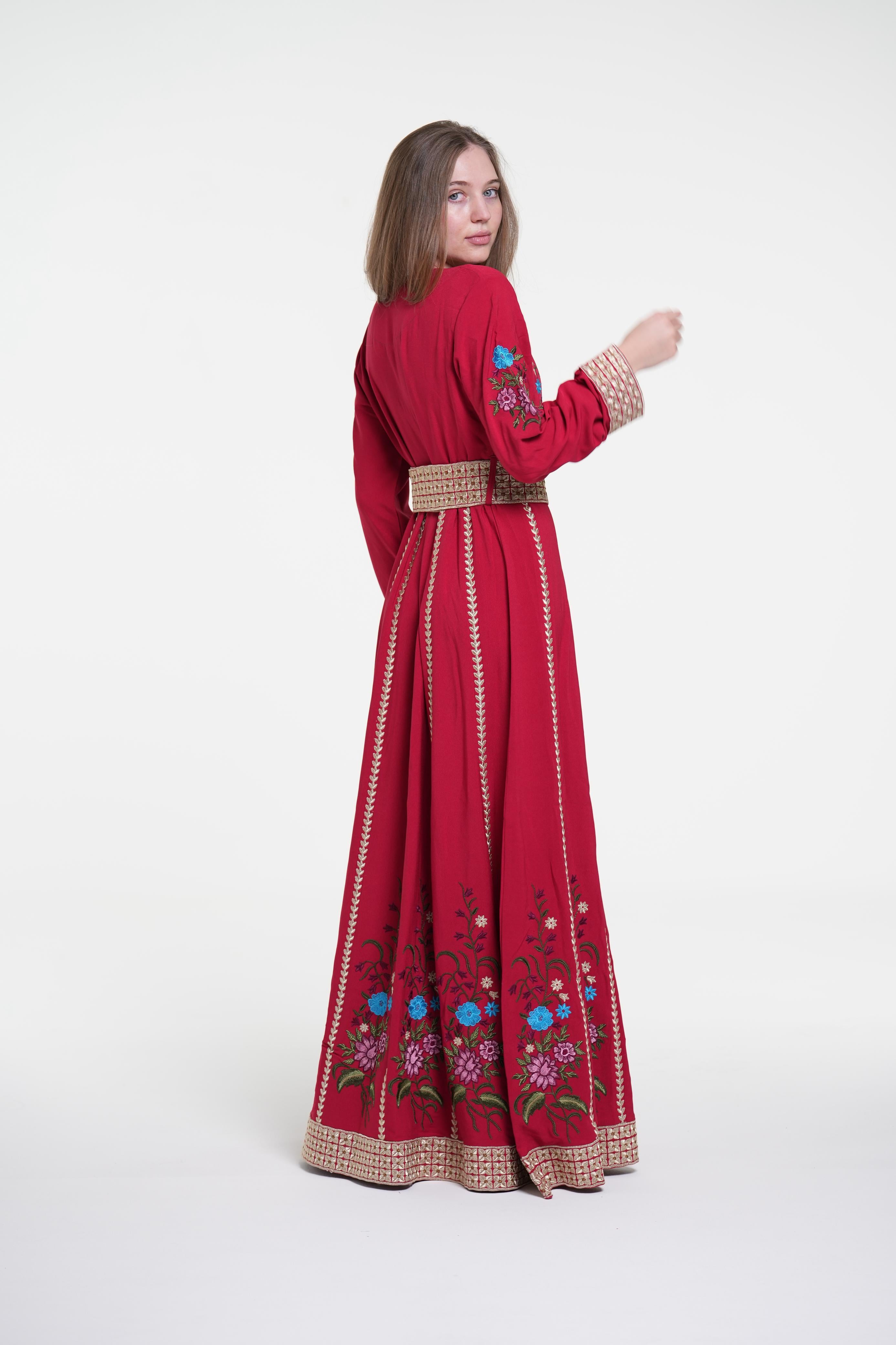 Embroidered Cotton Crepe Jalabiya with Belt