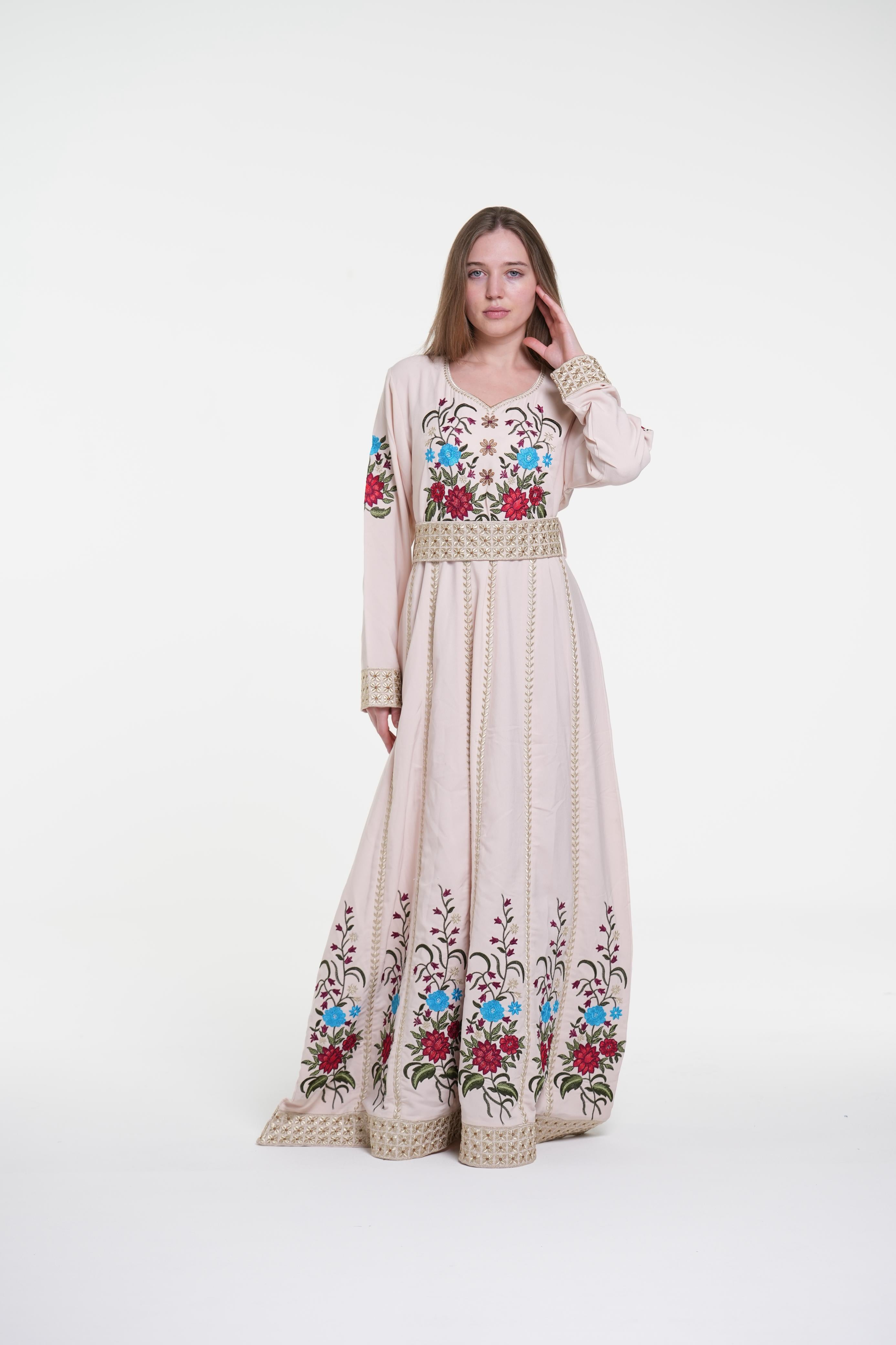 Embroidered Cotton Crepe Jalabiya with Belt