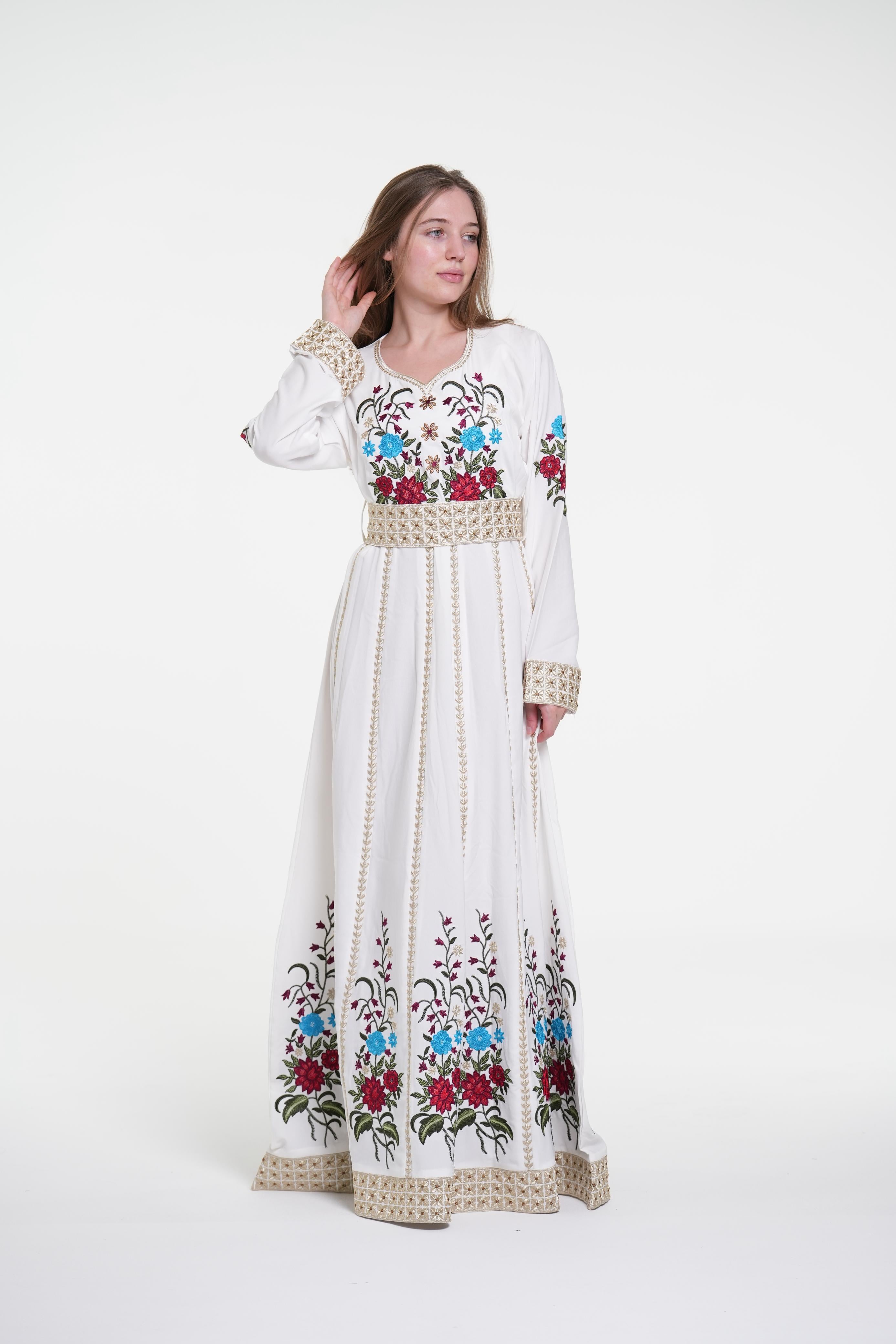 Embroidered Cotton Crepe Jalabiya with Belt