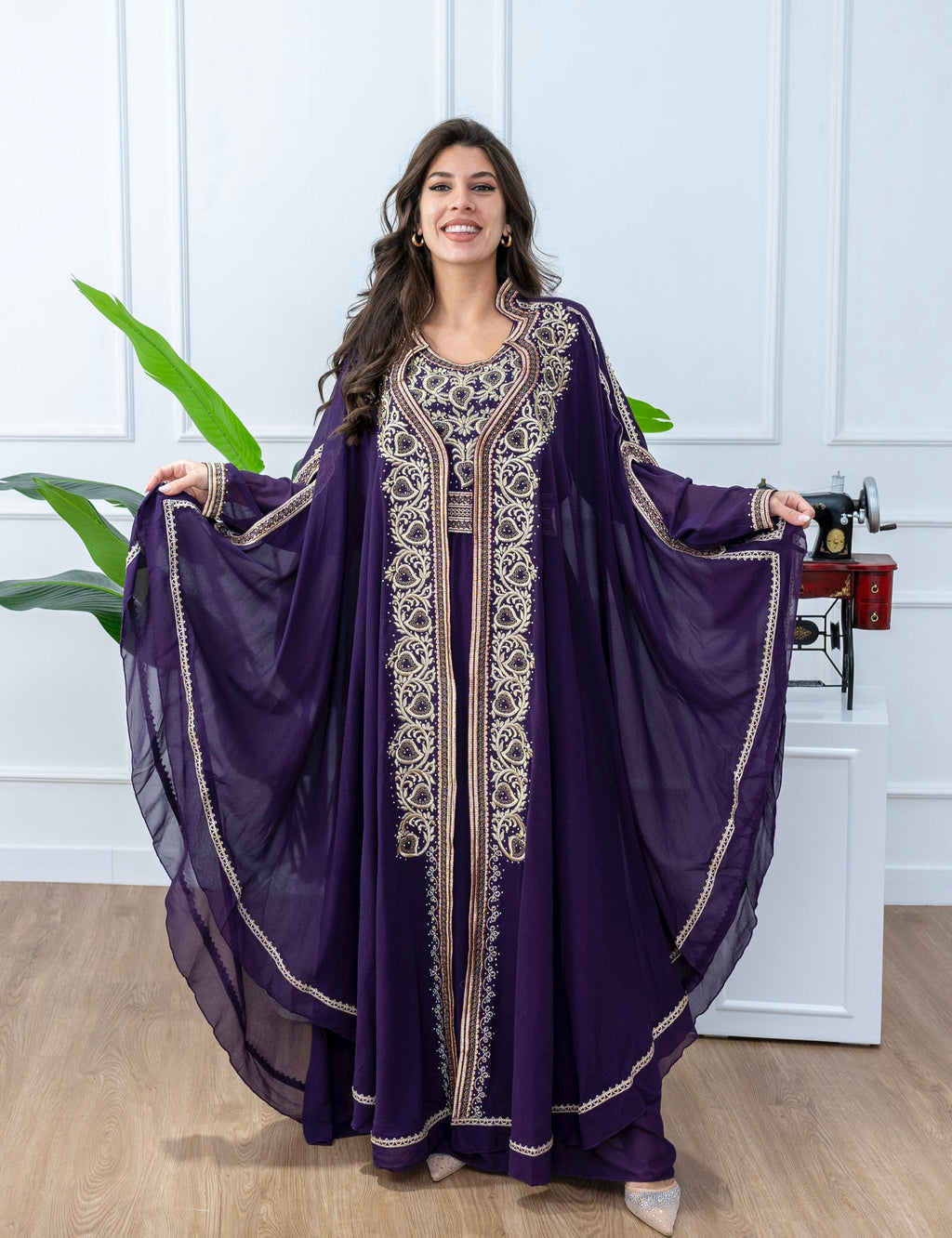 Elegant Kaftan with Golden Embroidery with Belt