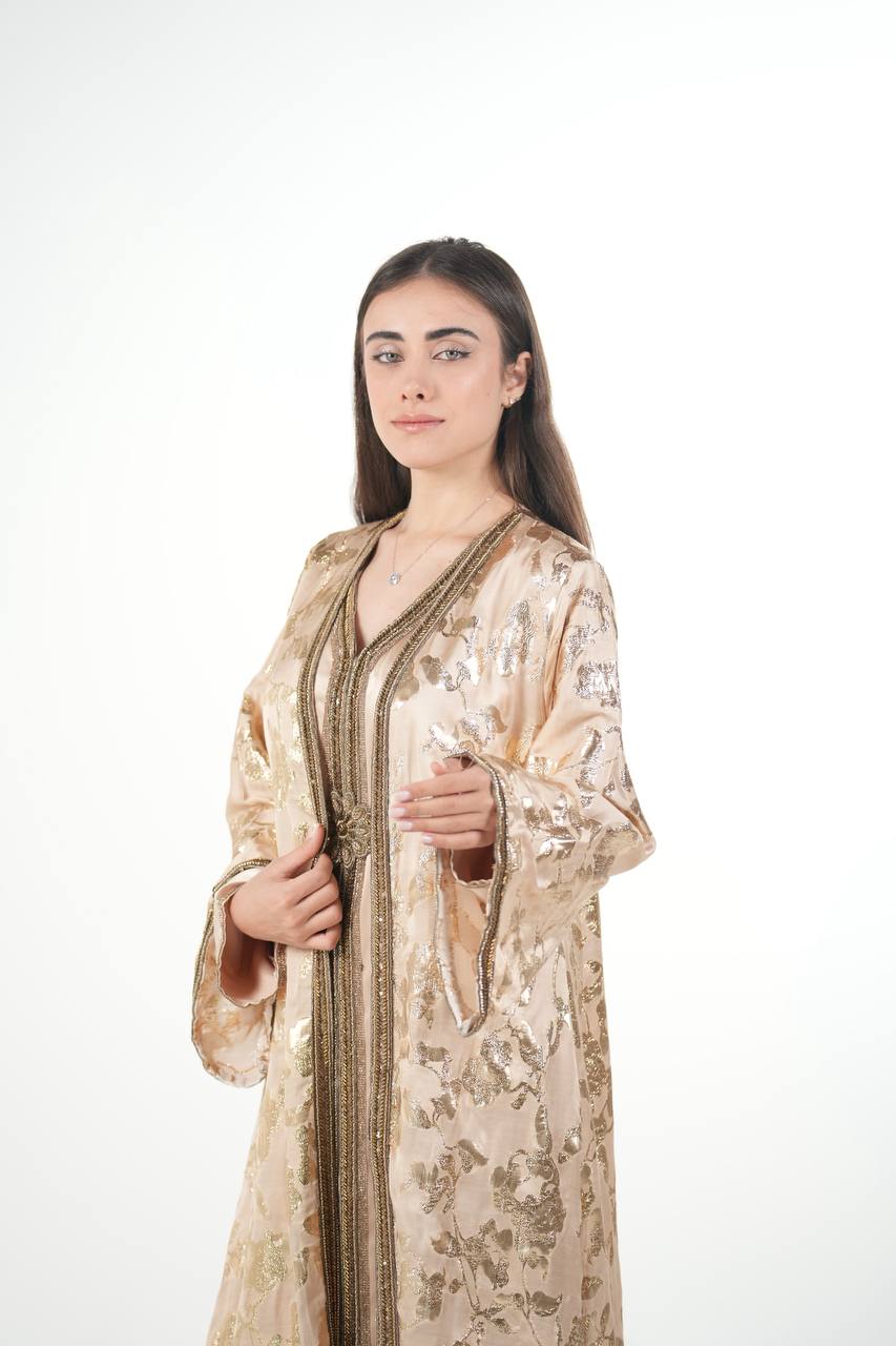 Elegant Satin Kaftan with Embellished Details and Belt