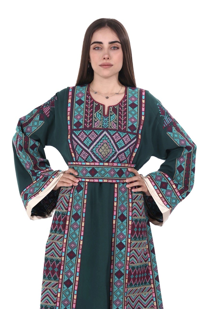 Embroidered Palestinian Linen Thobe with Satin Details