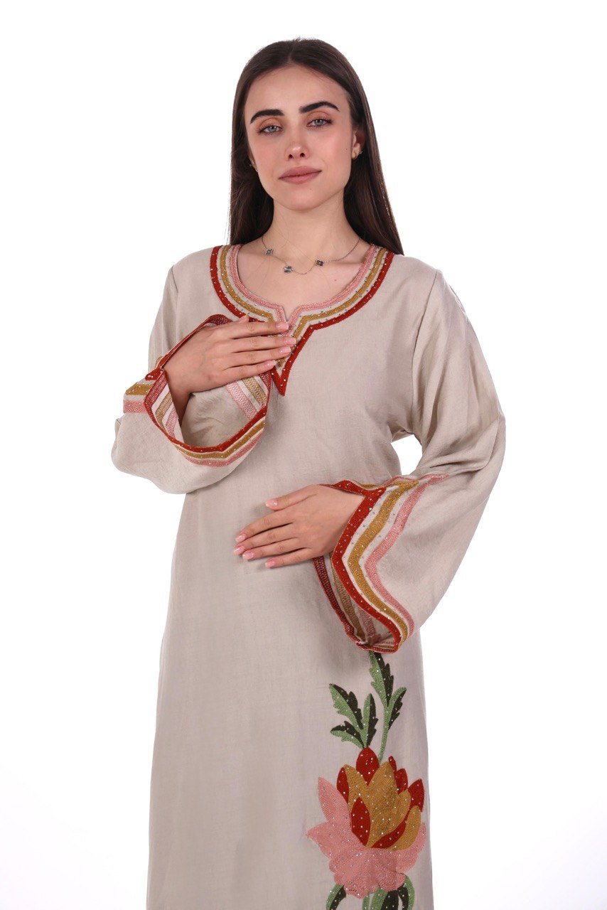 Linen Jalabiya with Artistic Floral Embroidery
