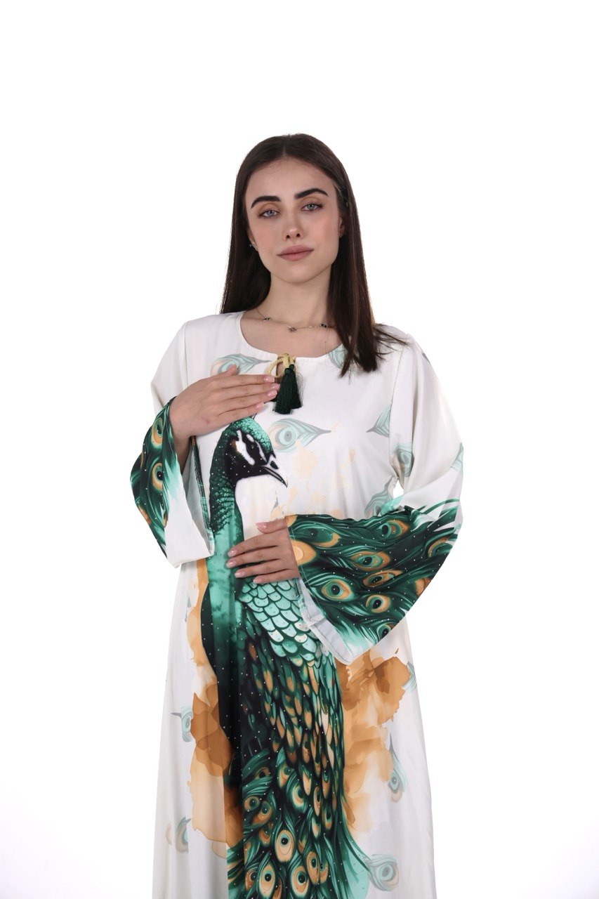 Peacock Print Chiffon Jalabiya – Soft Elegance with an Artistic Touch