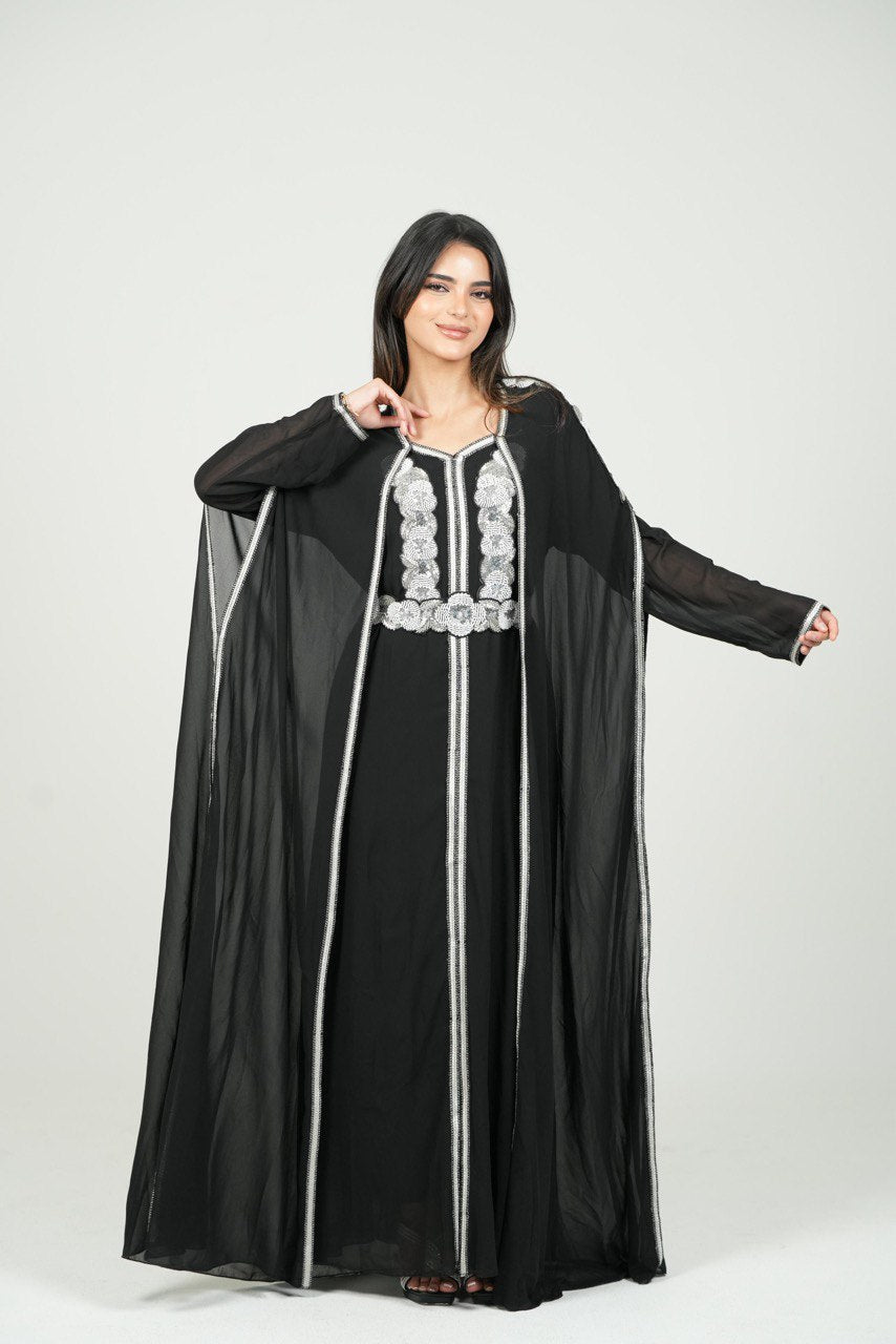 Embroidered Chiffon Kaftan with Sequin Details and Belt