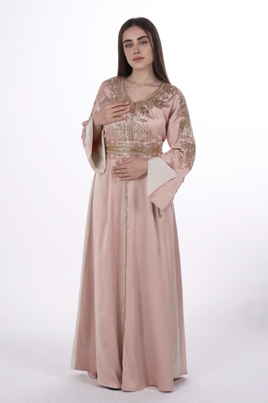 Hand-worked Satin Jalabiya with Contrast Details and Belt