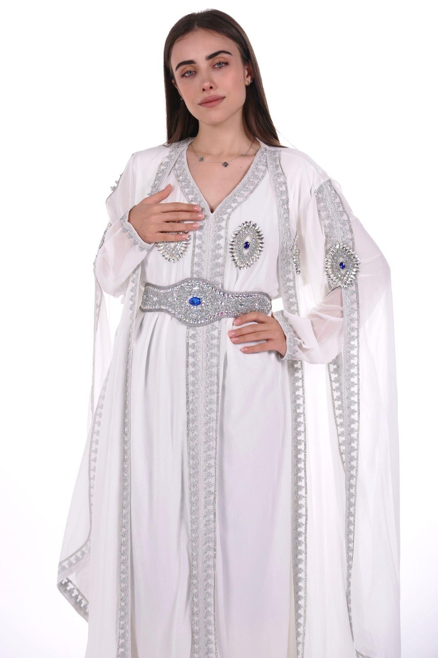 Crystal Embroidered Jalabiya with Long Sleeves and Belt