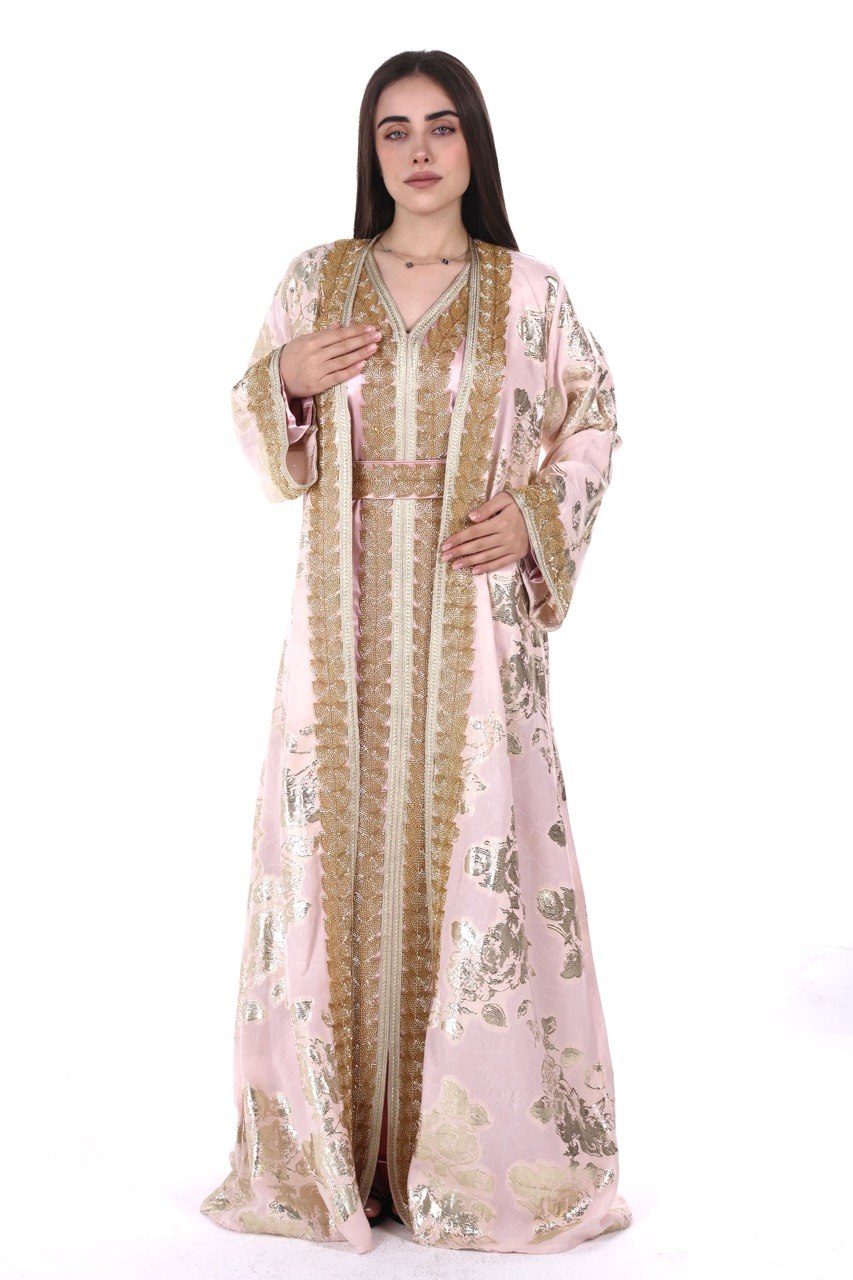 Hand-worked Brocade Satin Kaftan with Belt