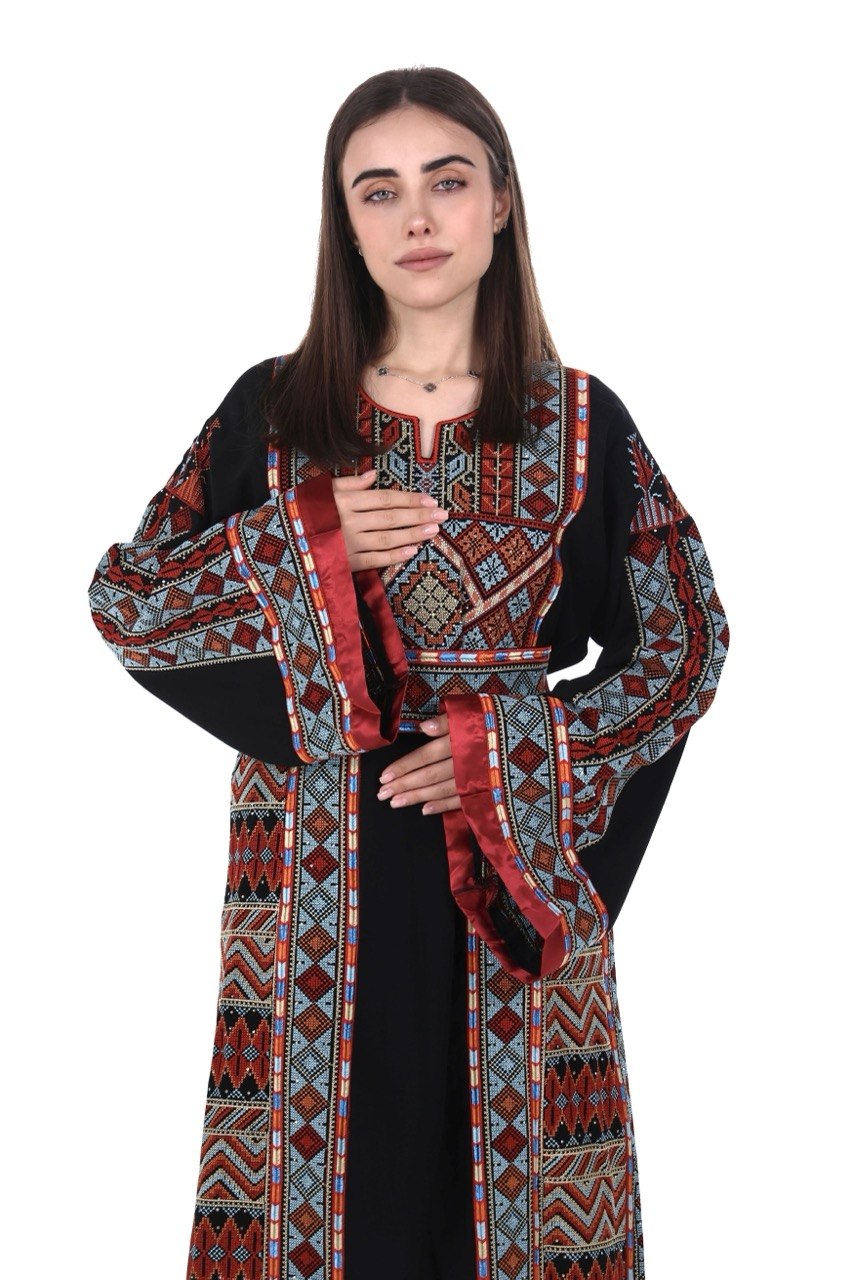 Embroidered Palestinian Linen Thobe with Satin Details