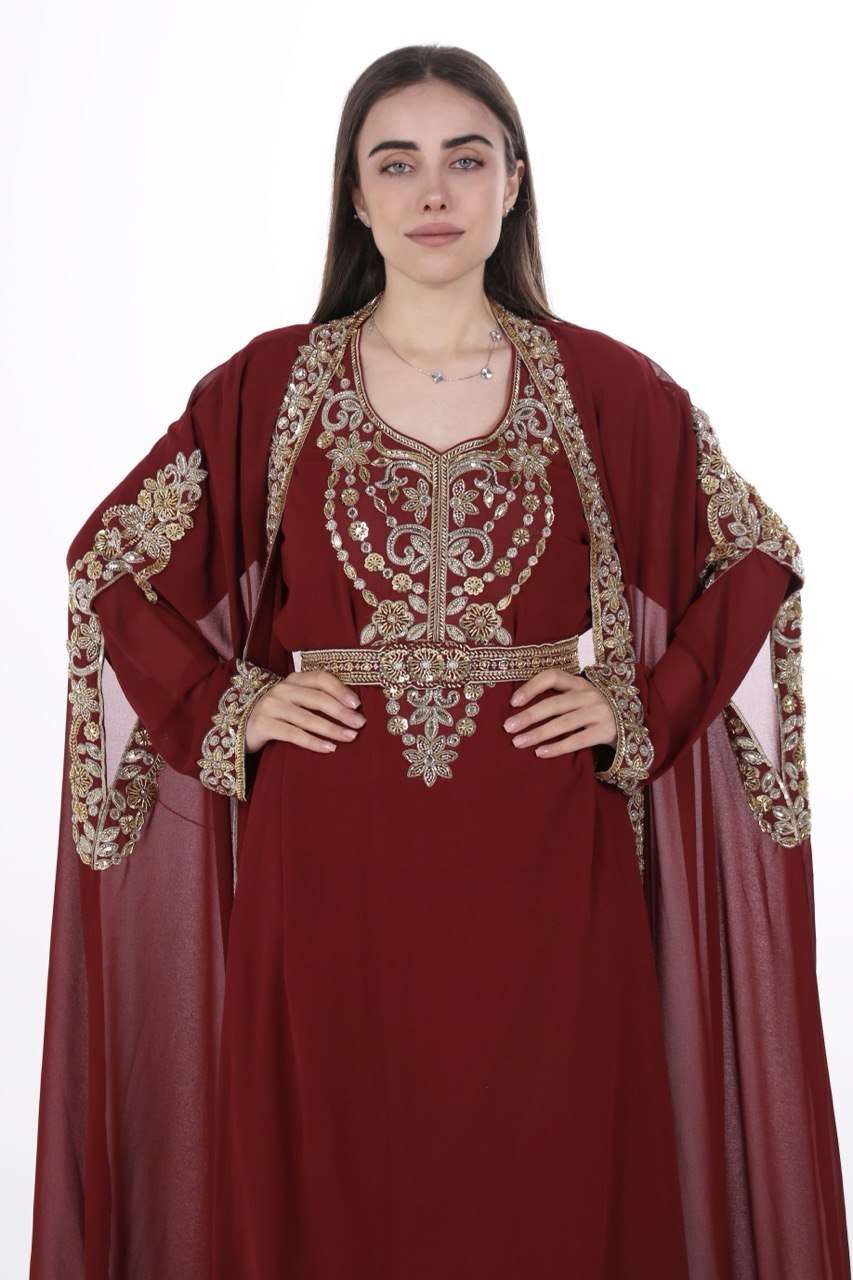 Hand-worked Gold Trim Chiffon Kaftan
