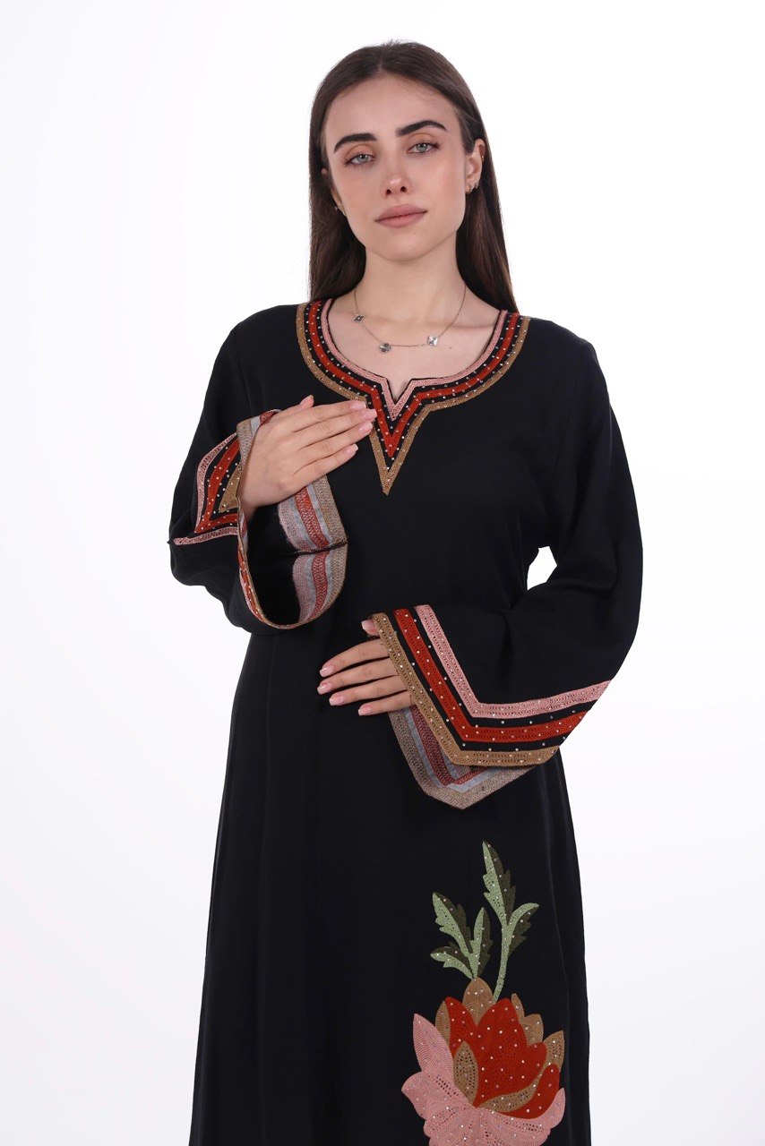 Linen Jalabiya with Artistic Floral Embroidery