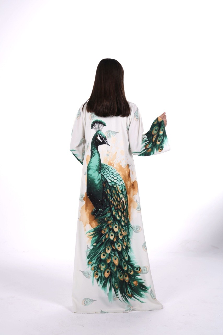 Peacock Print Chiffon Jalabiya – Soft Elegance with an Artistic Touch