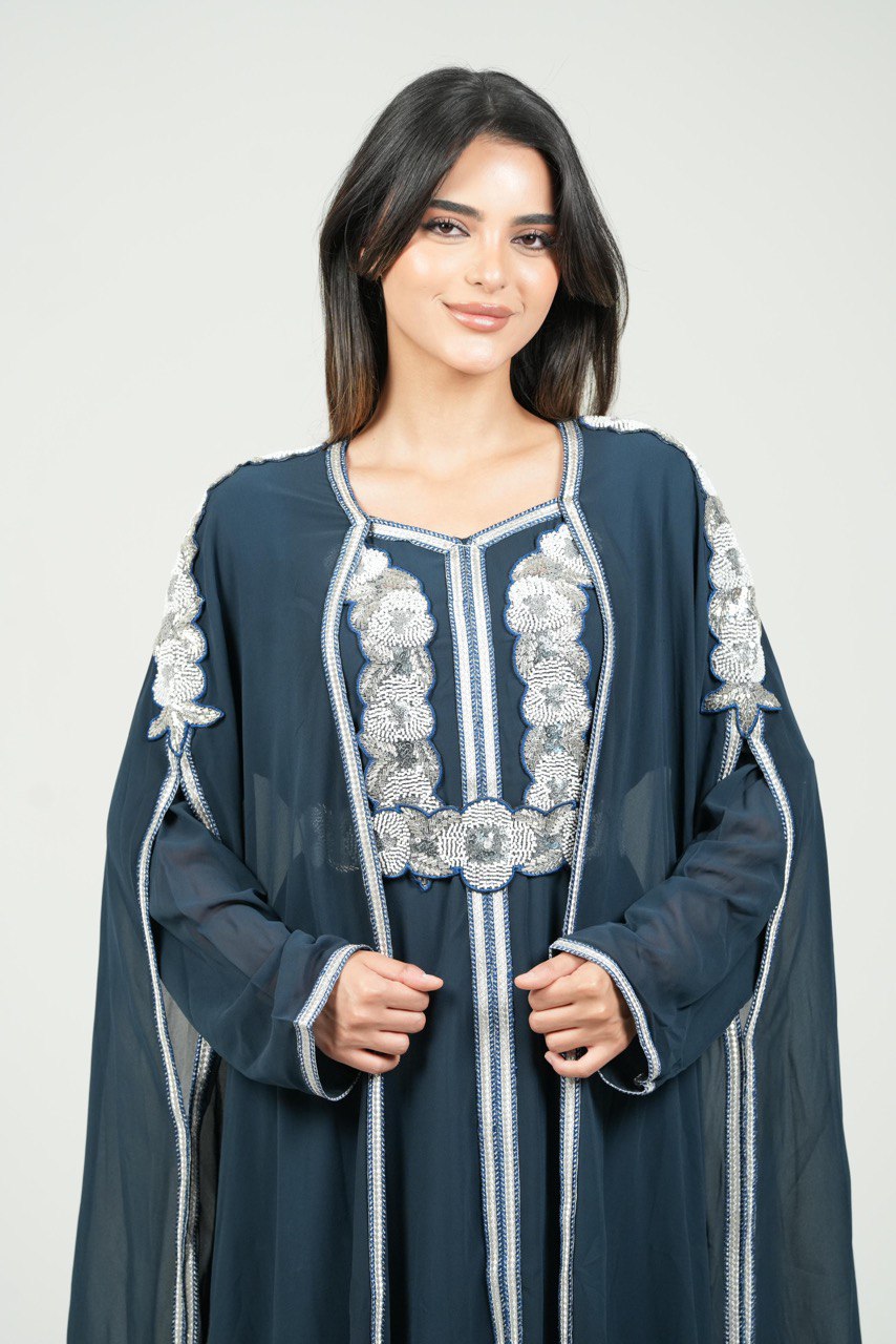 Embroidered Chiffon Kaftan with Sequin Details and Belt