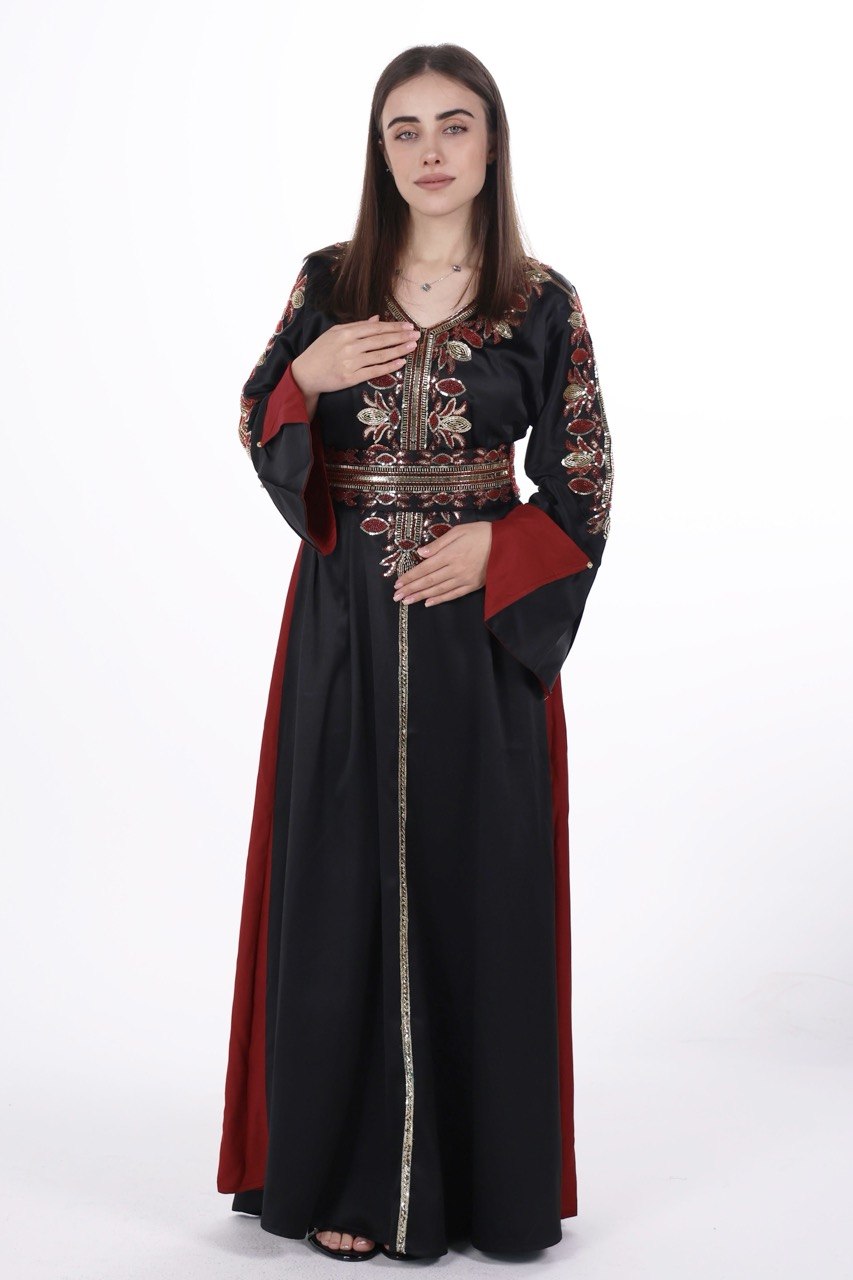 Hand-worked Satin Jalabiya with Contrast Details and Belt