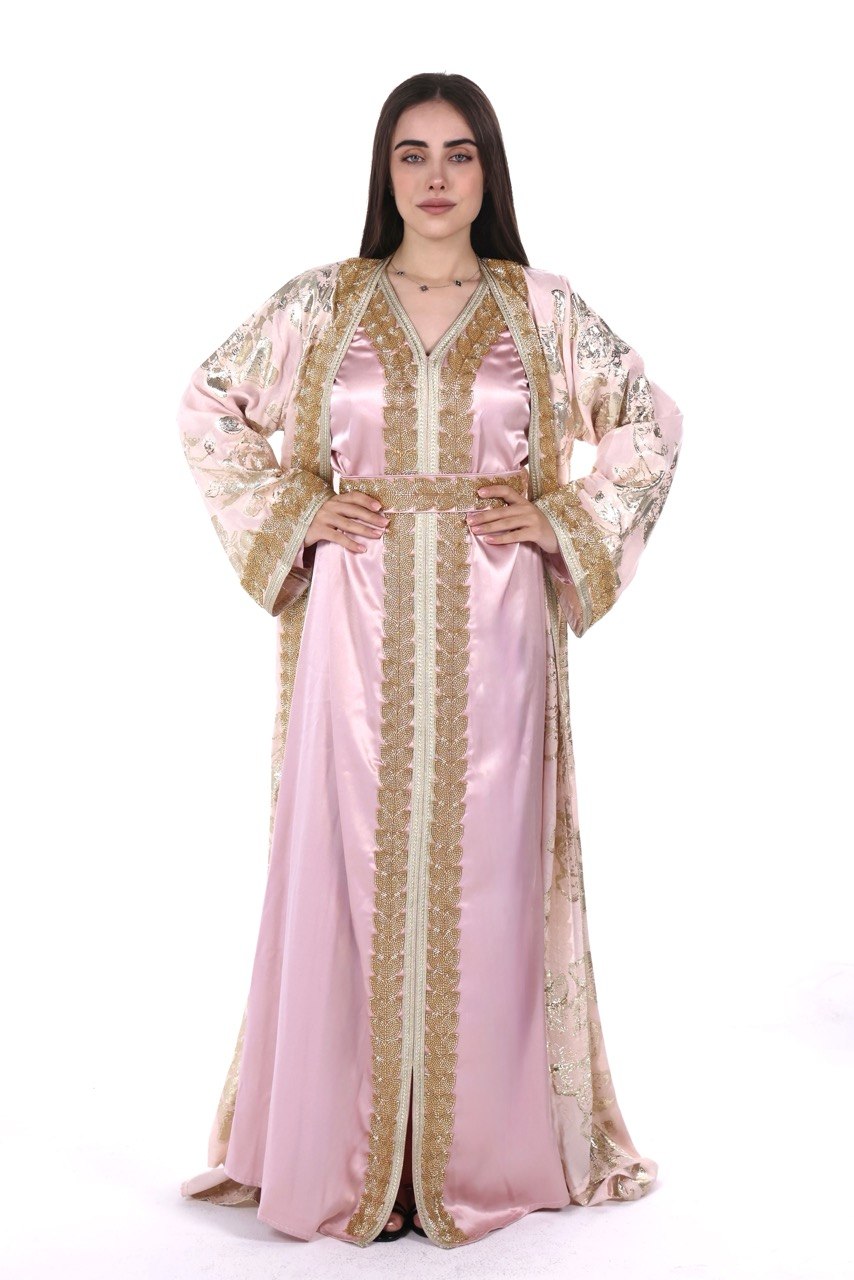 Hand-worked Brocade Satin Kaftan with Belt