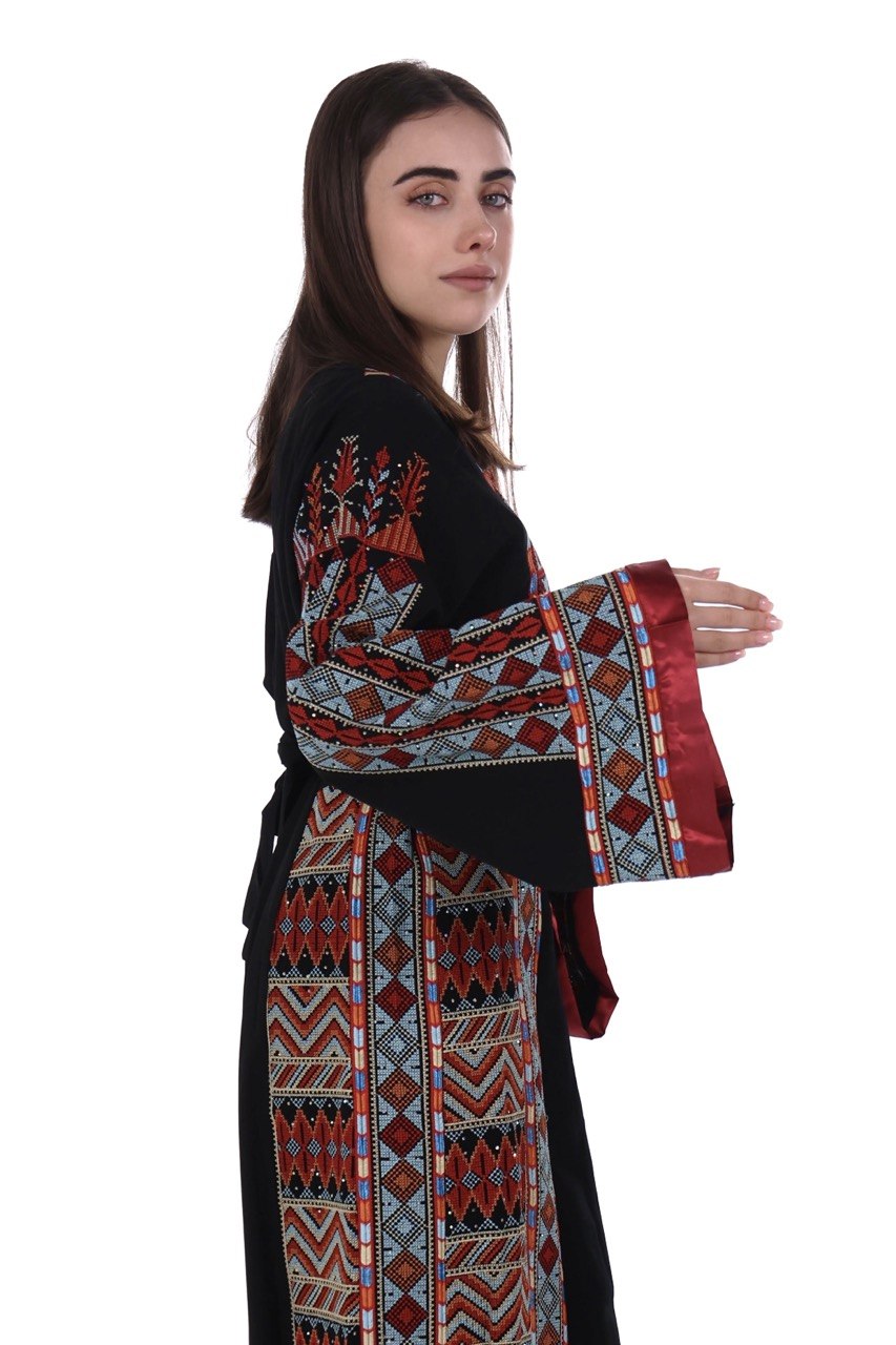 Embroidered Palestinian Linen Thobe with Satin Details